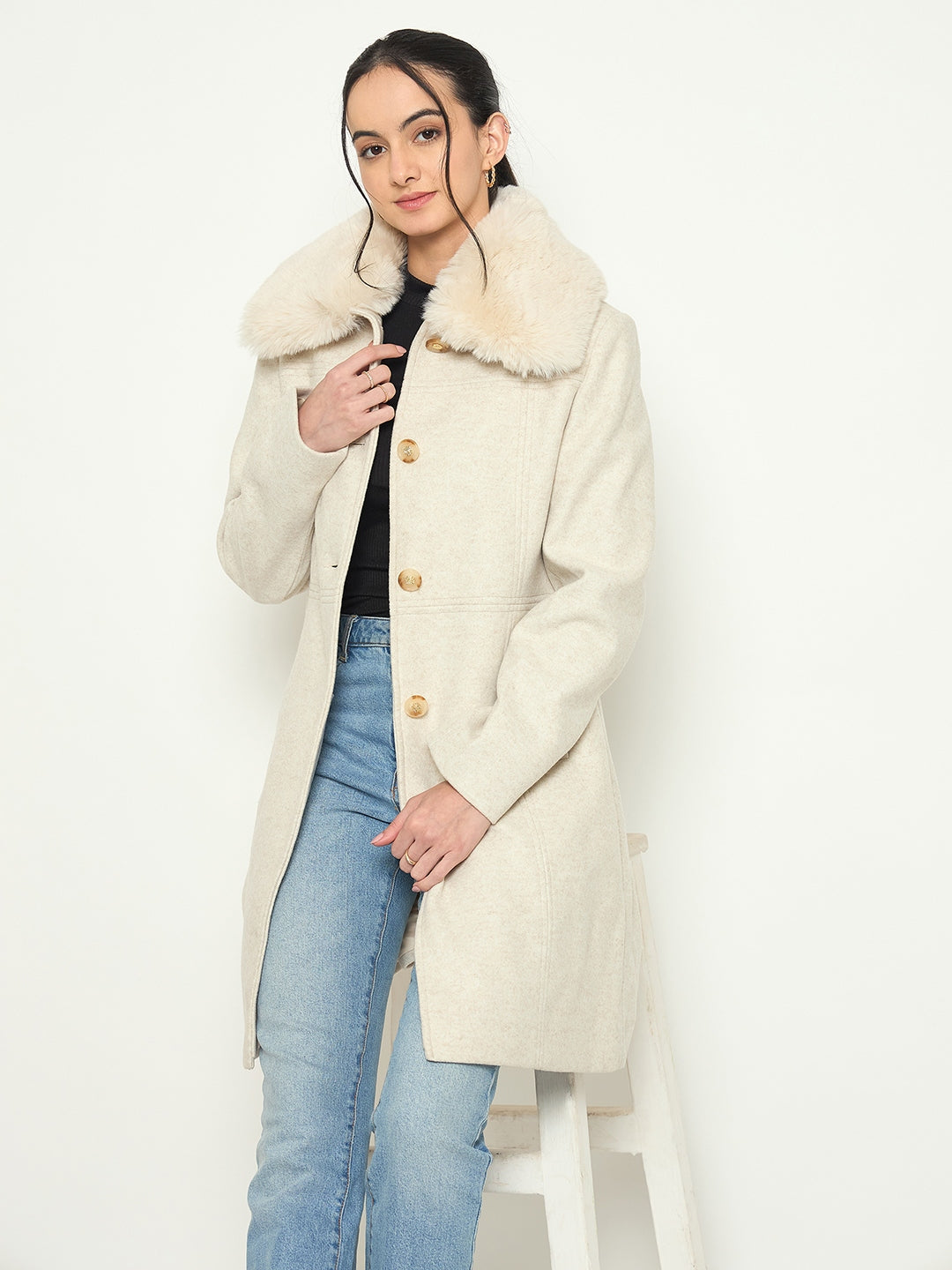 Madame Shirt Collar Beige Long Coat