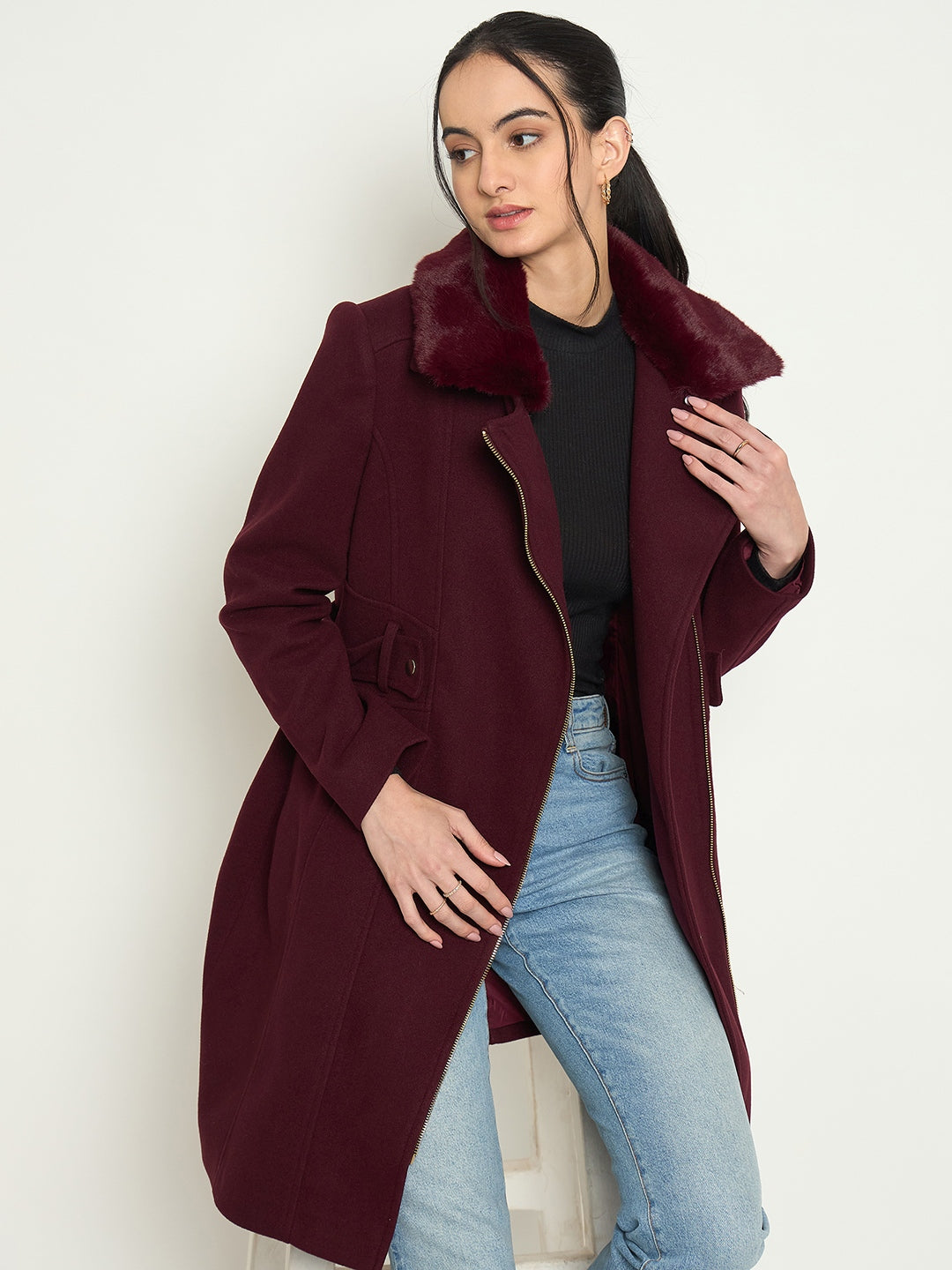 Madame Shirt Collar Maroon Long Coat