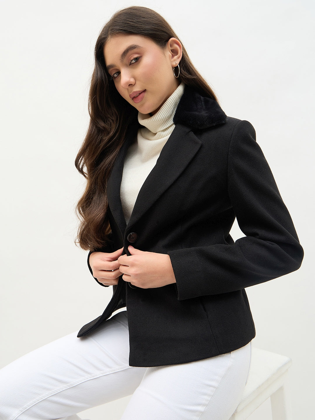 Madame Faux Fur Collar Black Coat