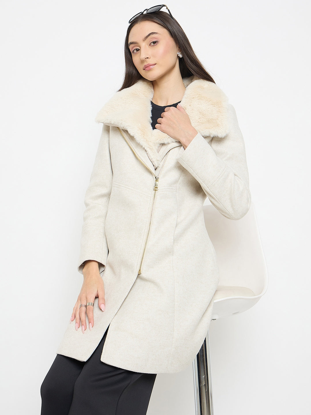 Madame Faux Fur Neckline Off White Long Coat