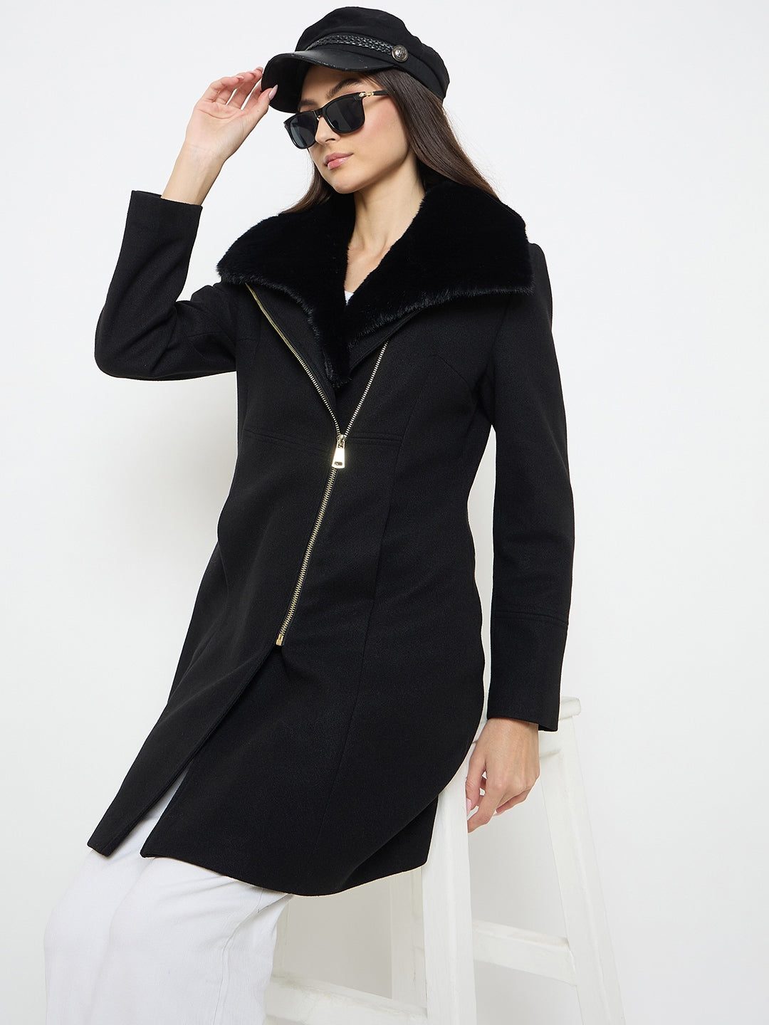 Madame Faux Fur Collar Black Long Coat