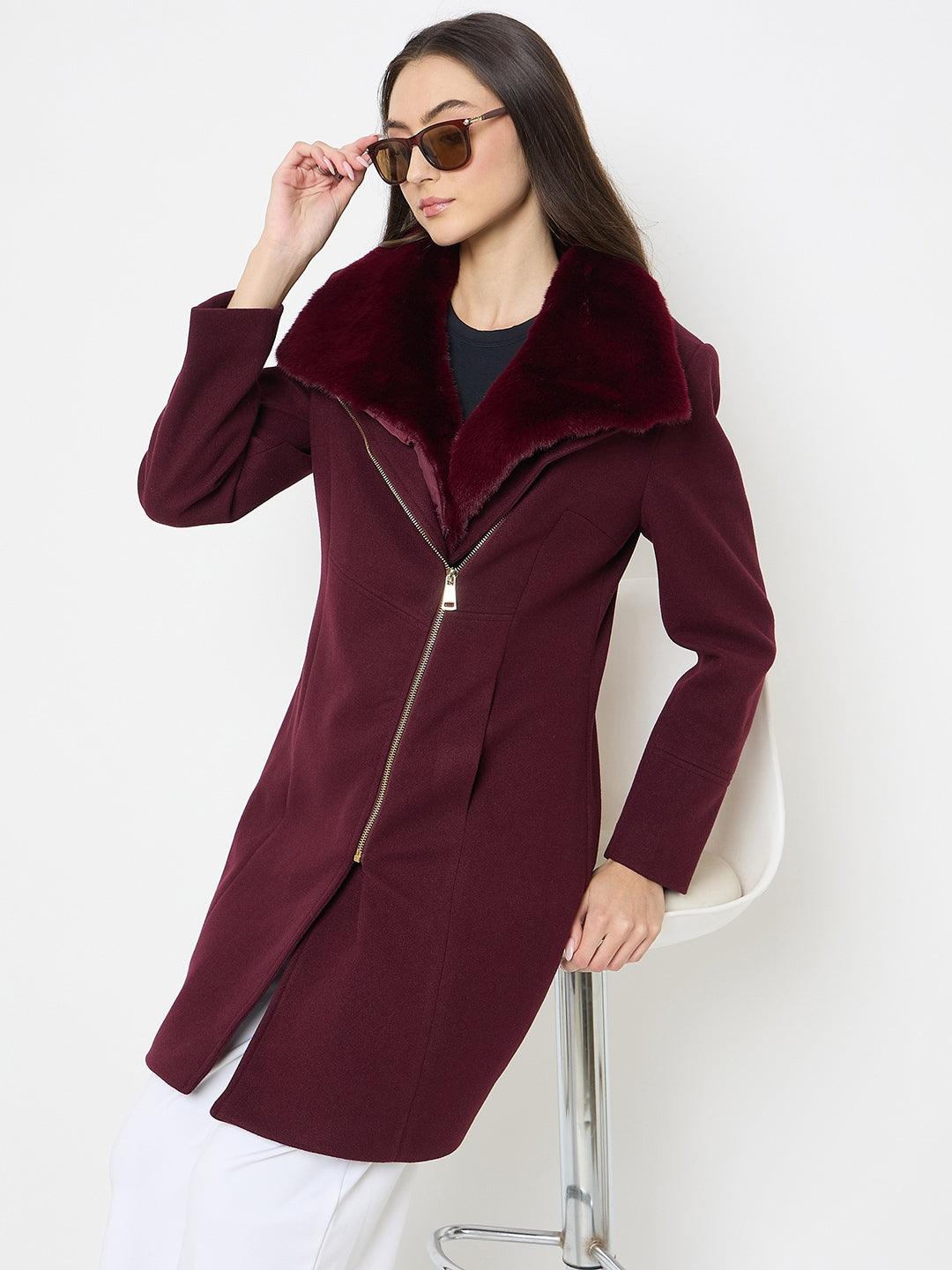 Madame Faux Fur Neckline Maroon Long Coat
