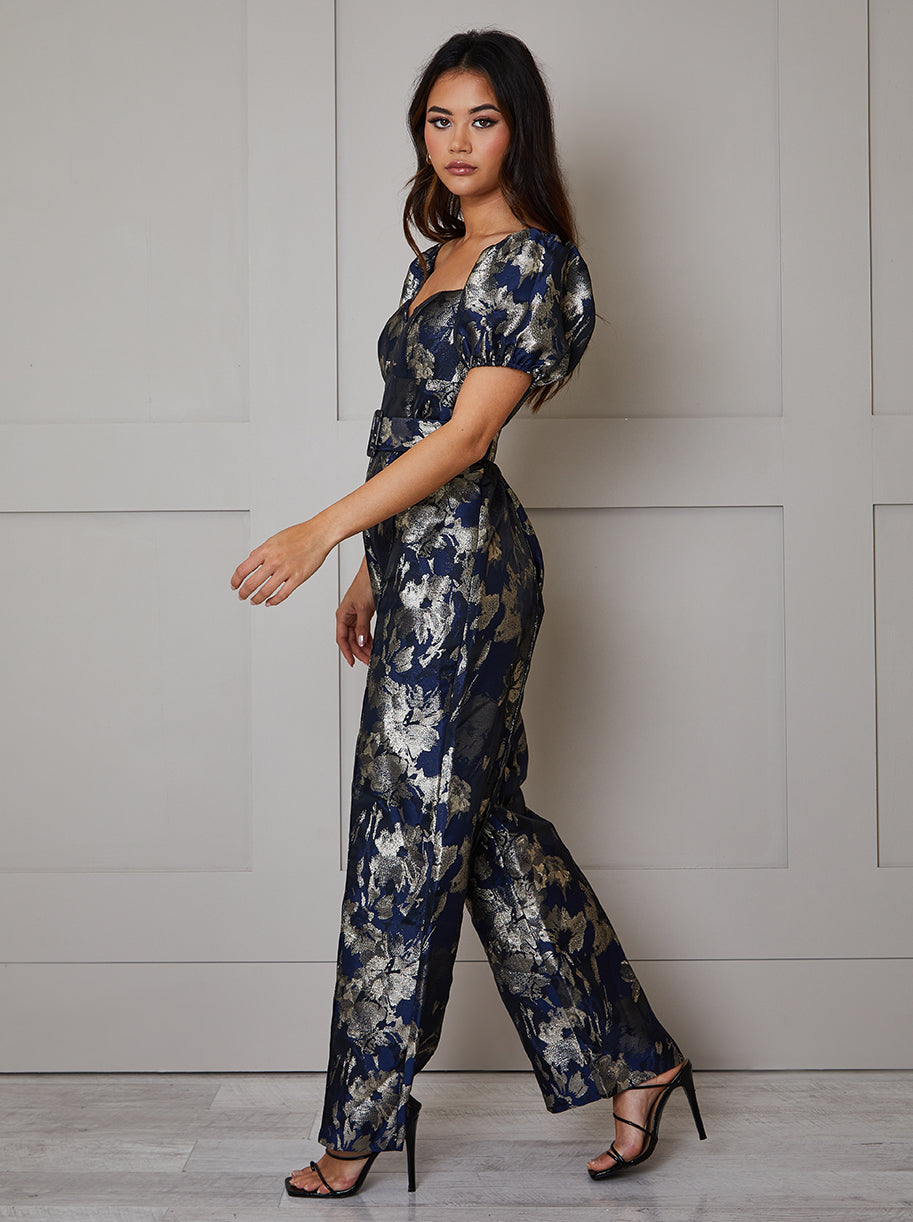 Petite Puff Sleeve Jacquard Wide Leg Jumpsuit in Navy
