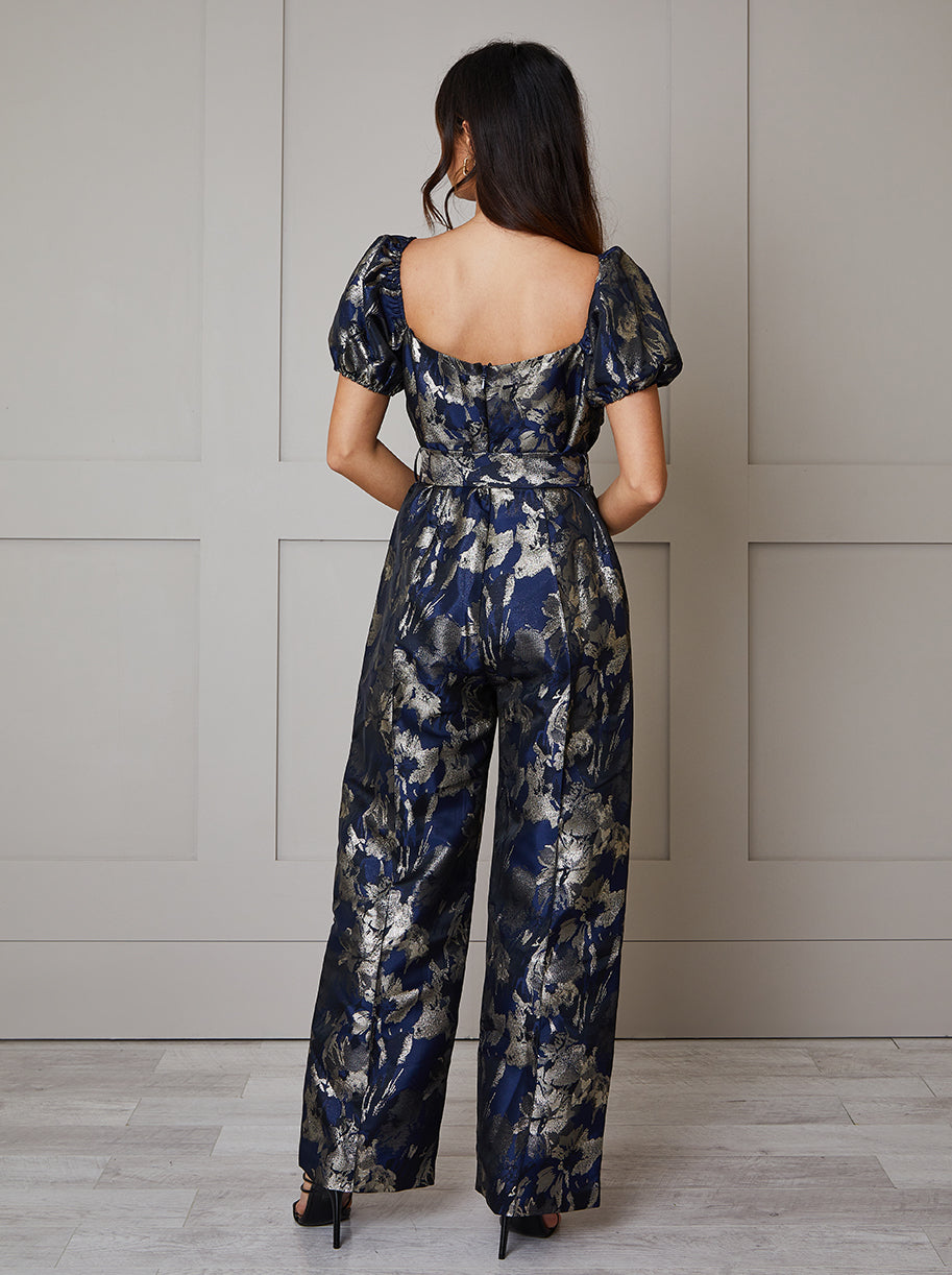 Puff Sleeve Jacquard Wide Leg Jumpsuit in Navy