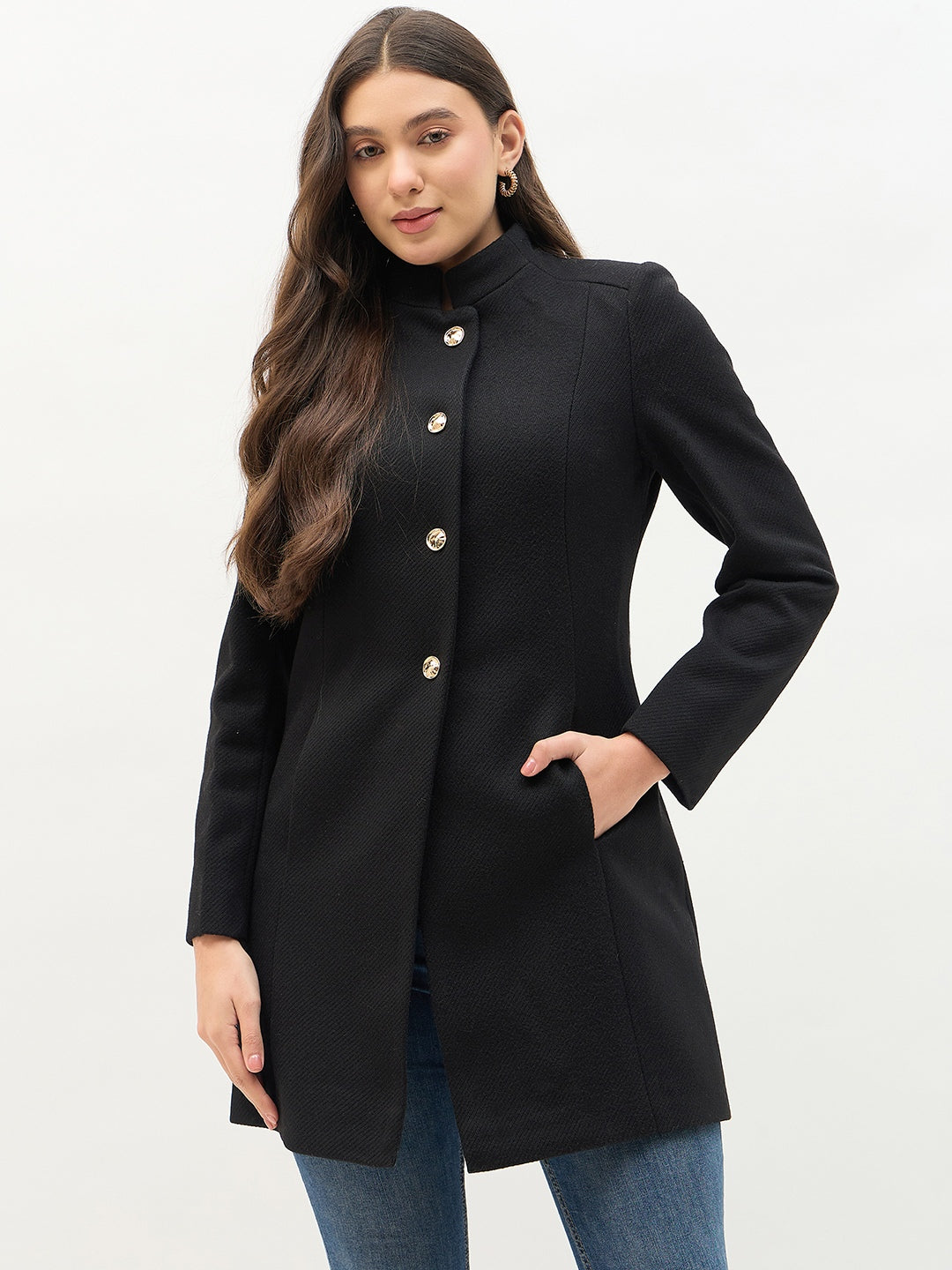 Madame Round Neck Embellished Black Long Coat
