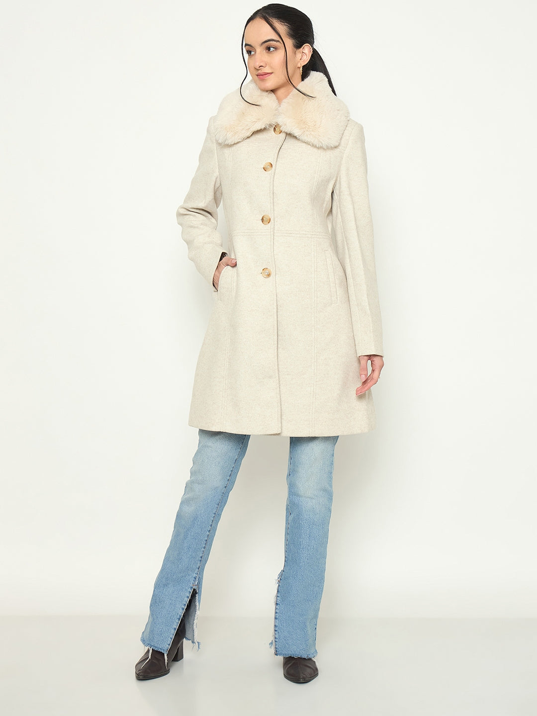 Madame Shirt Collar Beige Long Coat