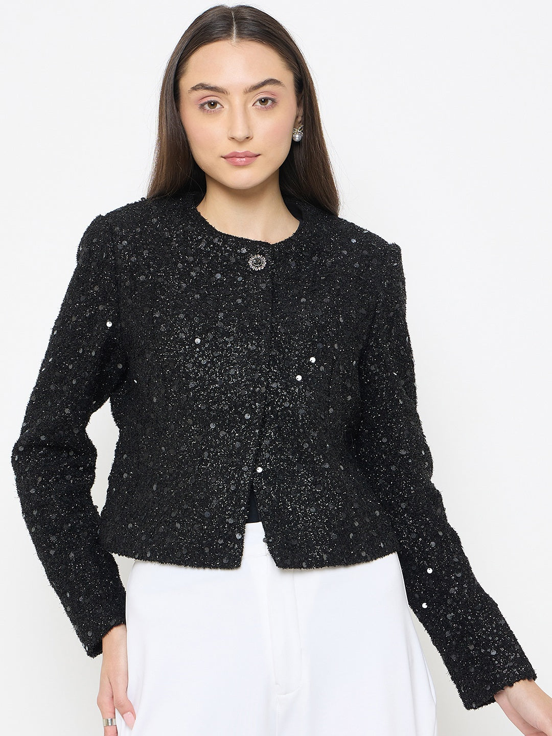 madame Round Neck Tweed Black Blazer
