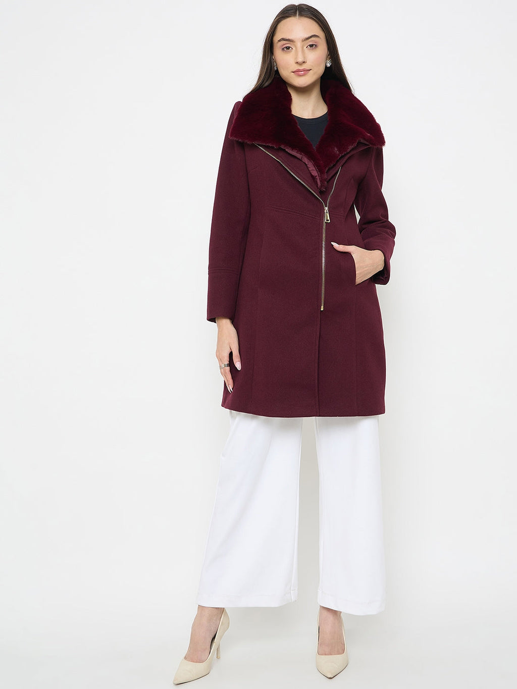 Madame Faux Fur Neckline Maroon Long Coat