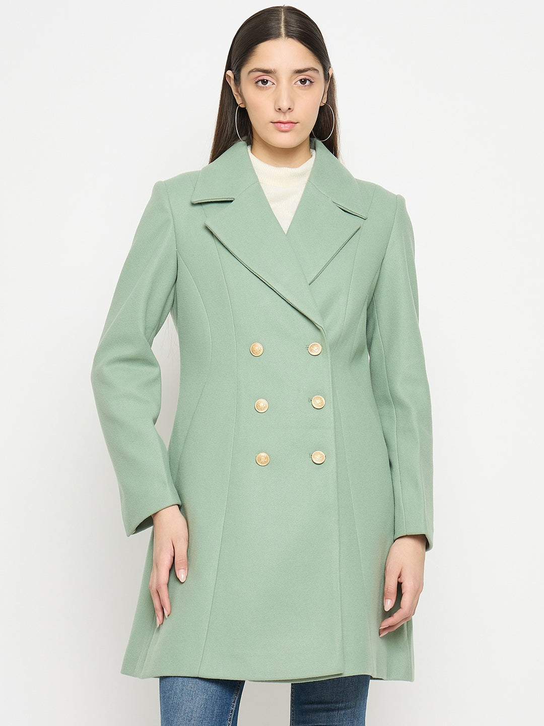 Madame Lapel Notch Collar Green Long Coat