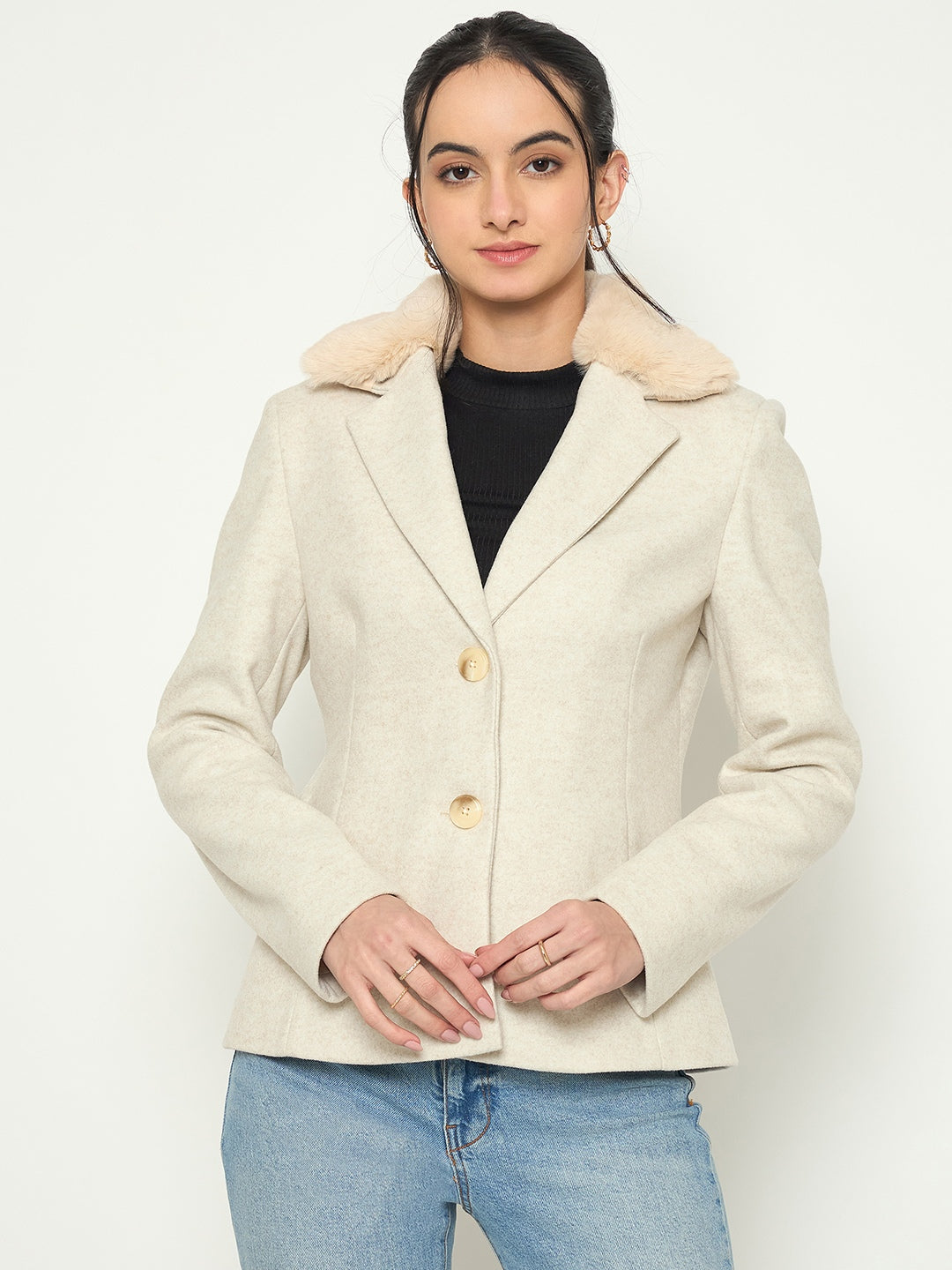 Madame Faux Fur Lapel Notch Collar Beige Blazer