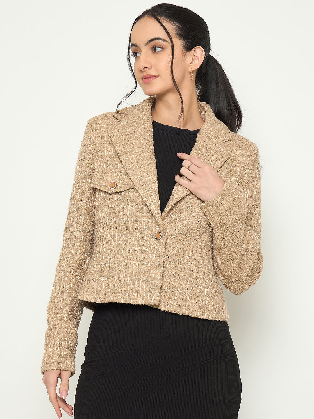 Madame Front Flap Pockets Textured Beige Blazer