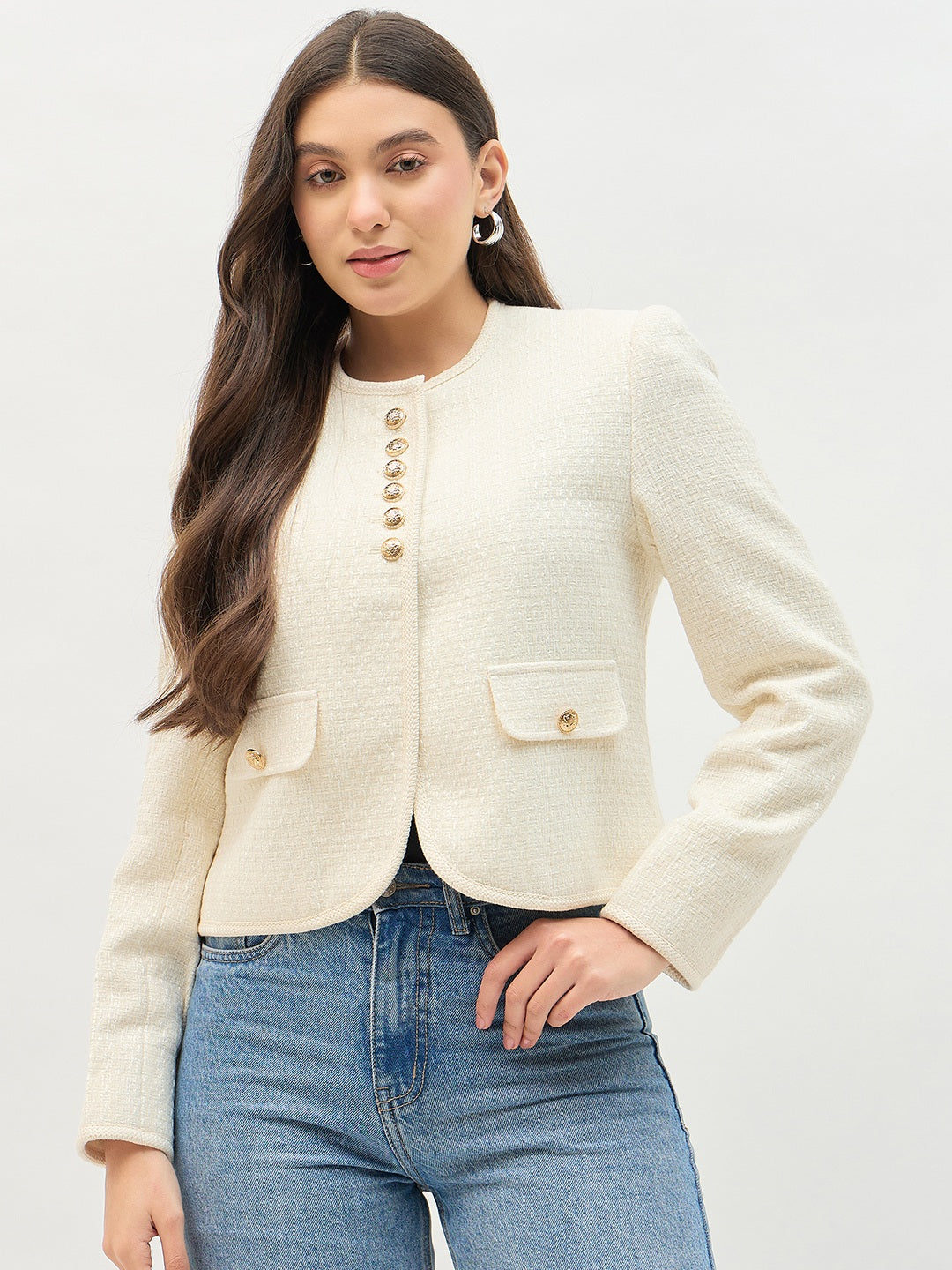 Madame Round Neck Embellished Off White Blazer