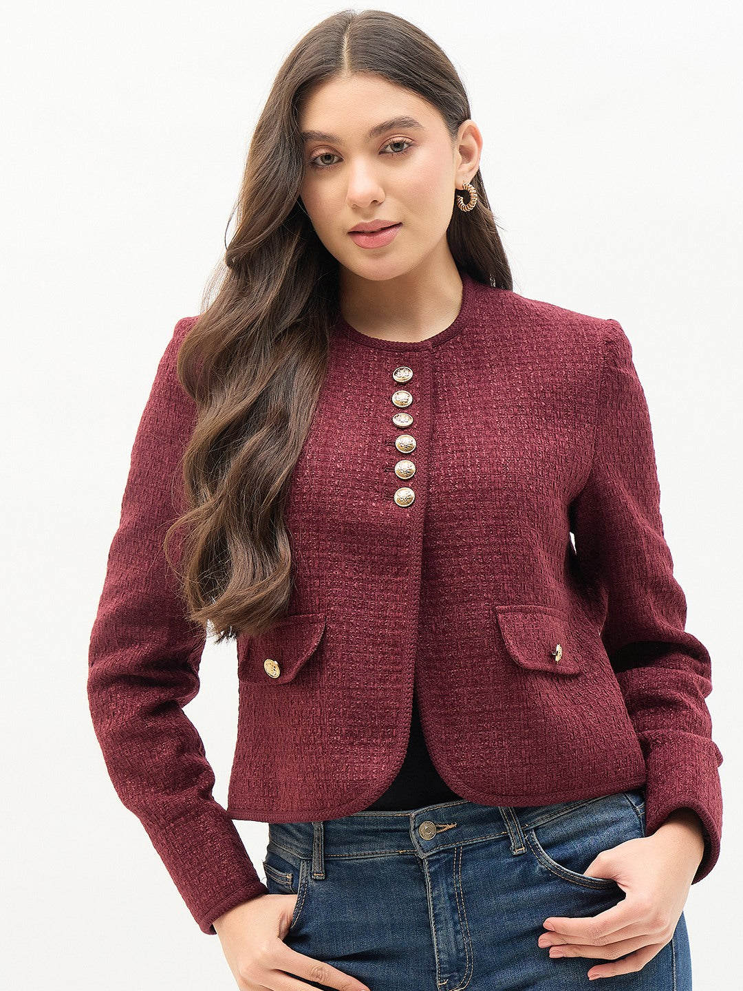 Madame Round Neck Embellished Maroon Blazer