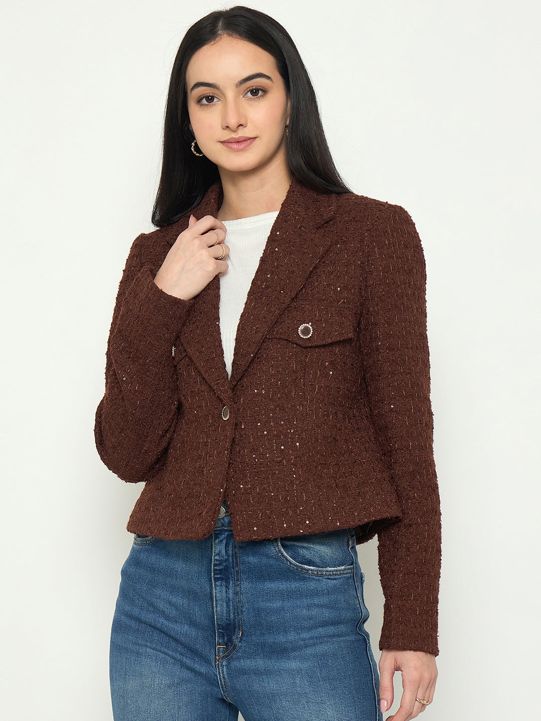 Madame Front Flap Pockets Textured Brown Blazer