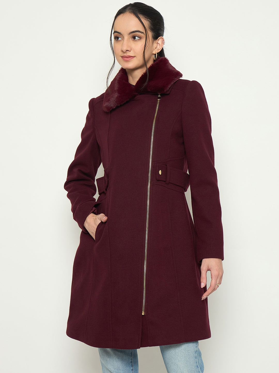 Madame Shirt Collar Maroon Long Coat
