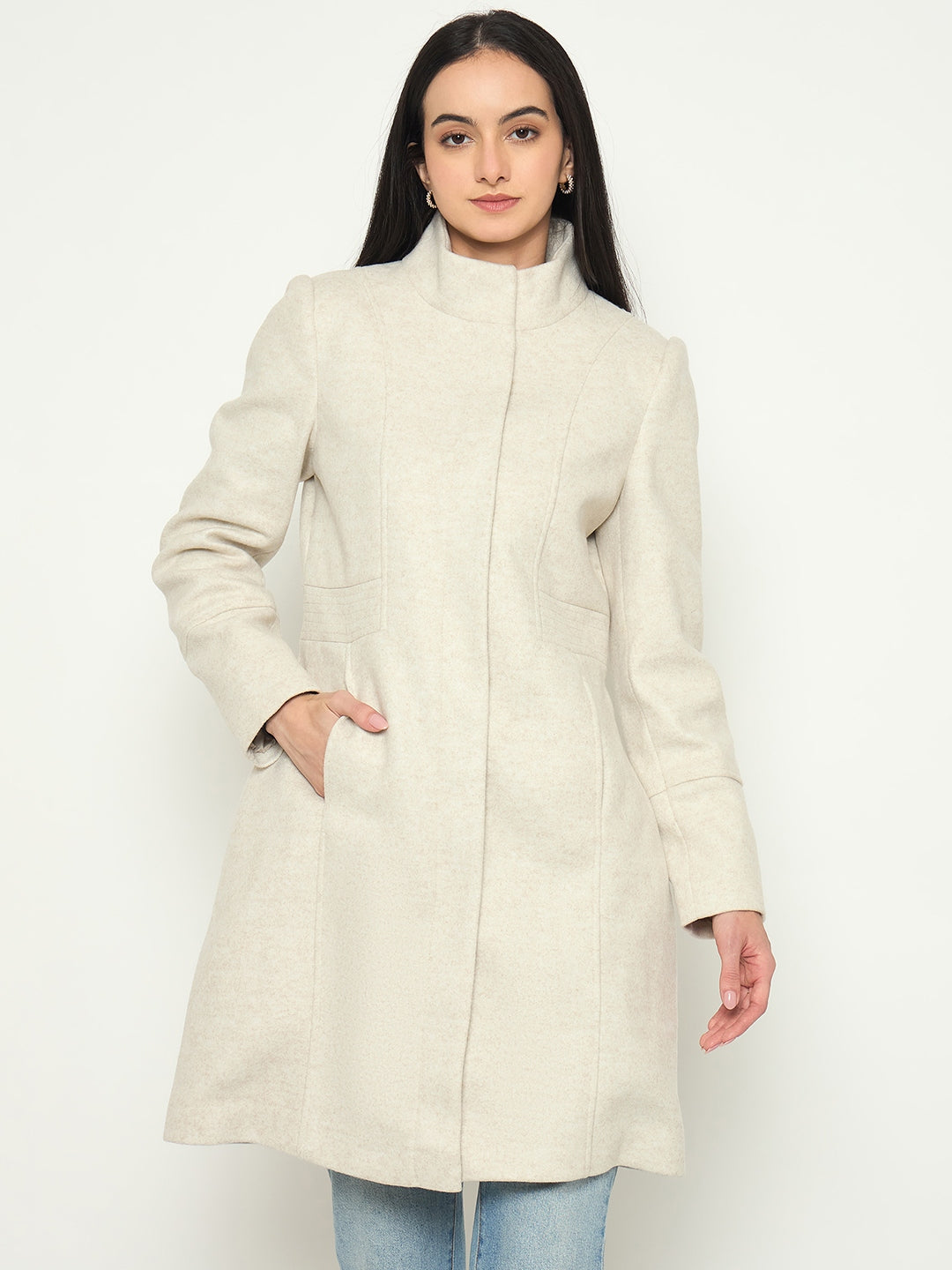 Madame Stand Collar Beige Long Coat