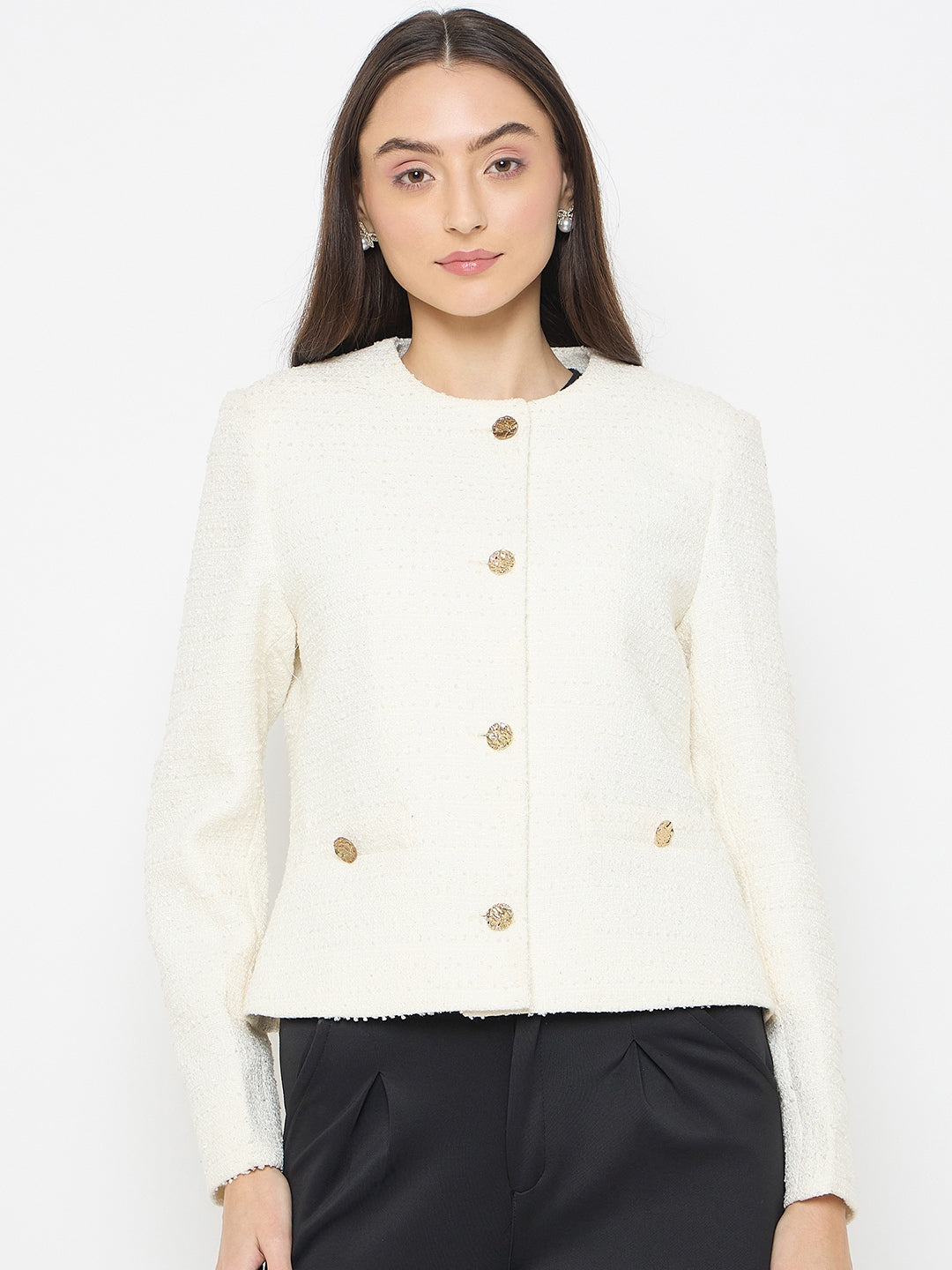 Madame Round Neck Off White Tweed Coat