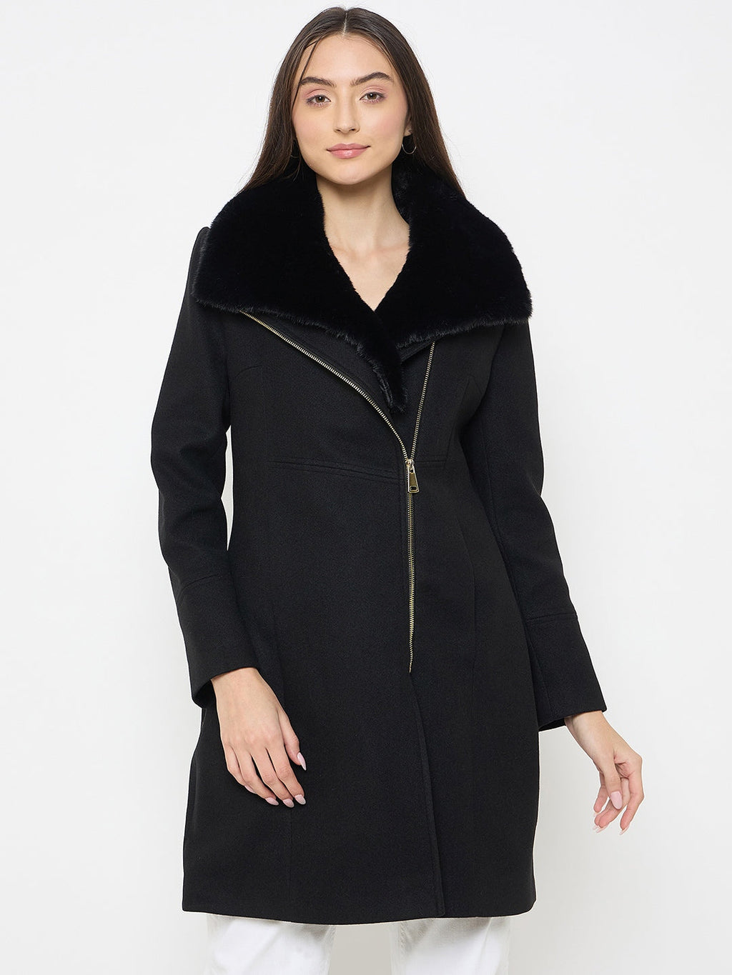 Madame Faux Fur Collar Black Long Coat