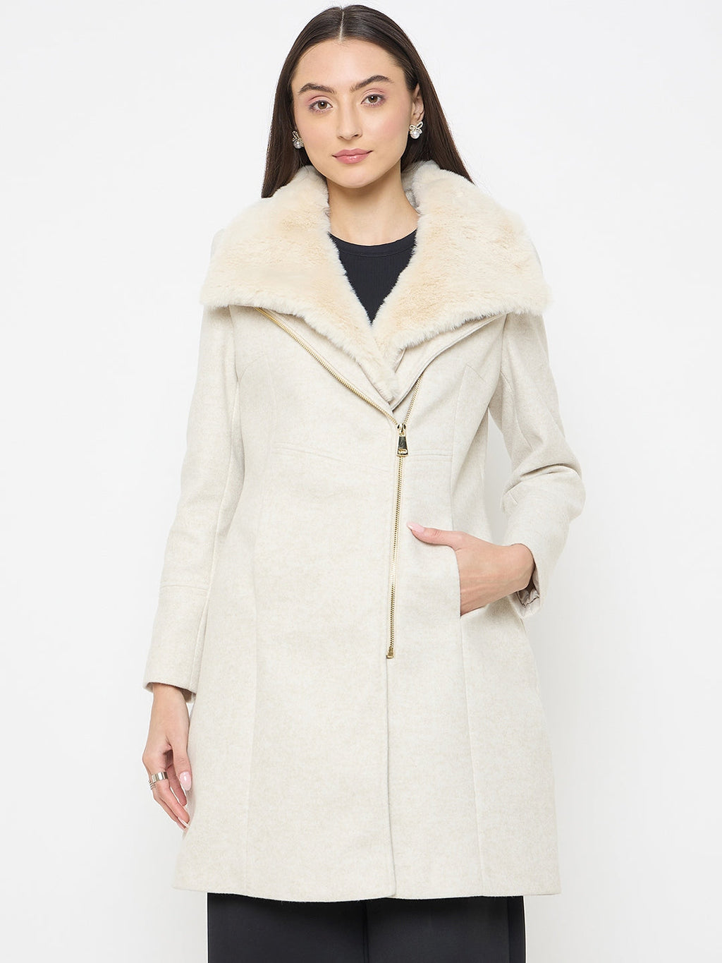 Madame Faux Fur Neckline Off White Long Coat