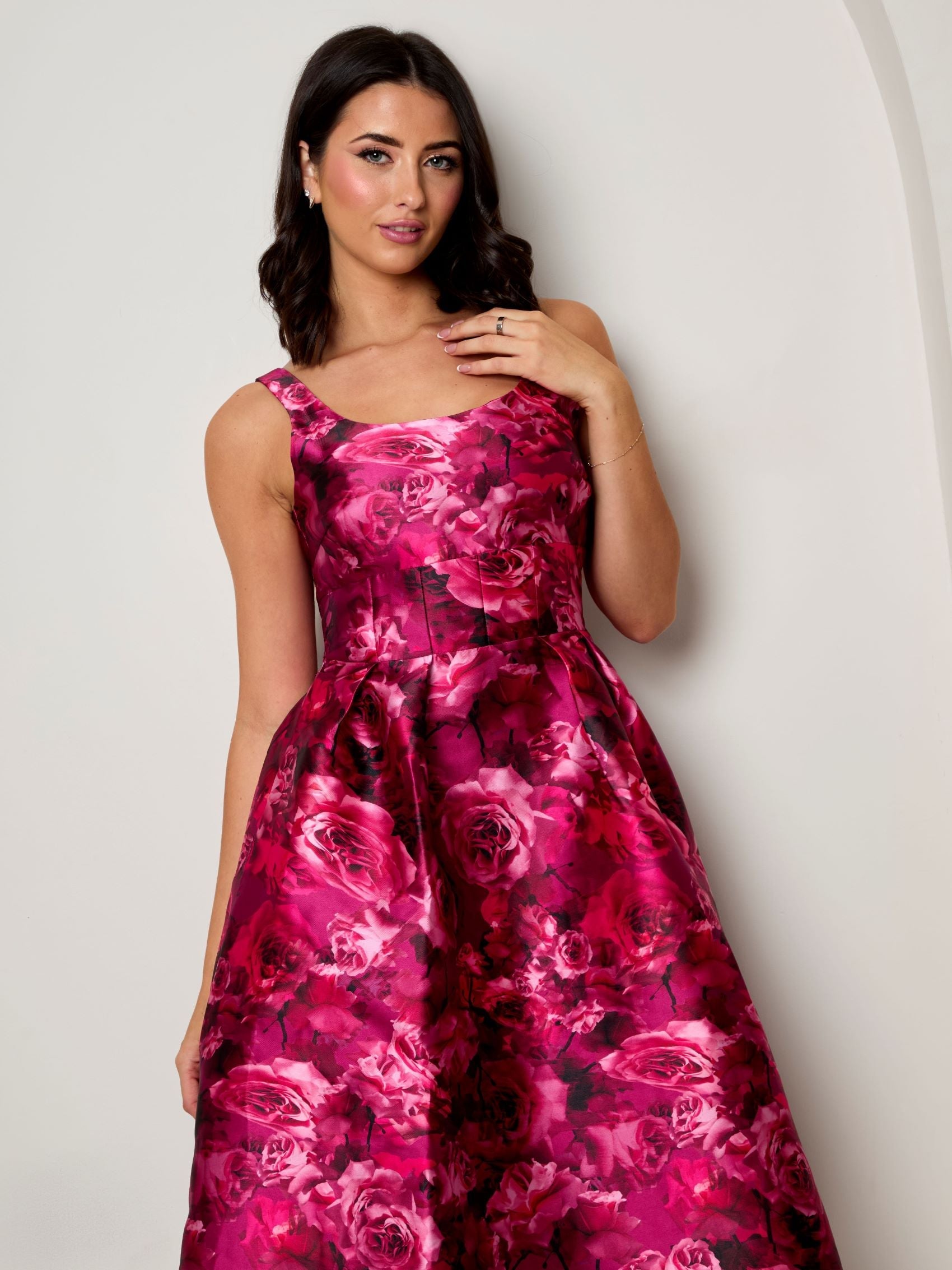 Sleeveless Floral Fit and Flare Midi Dress in Purple