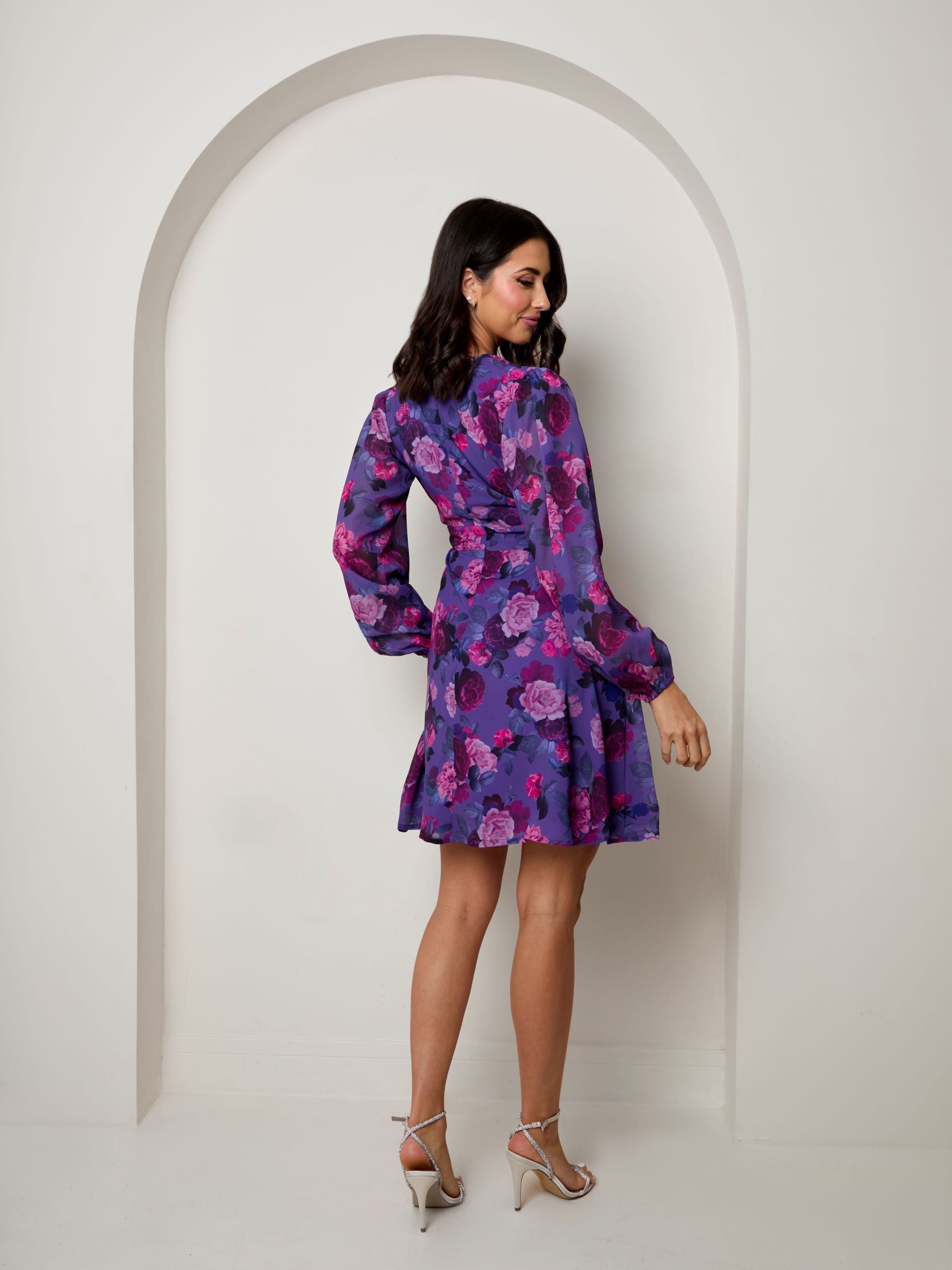V Neck Floral Printed Chiffon Dress in Purple