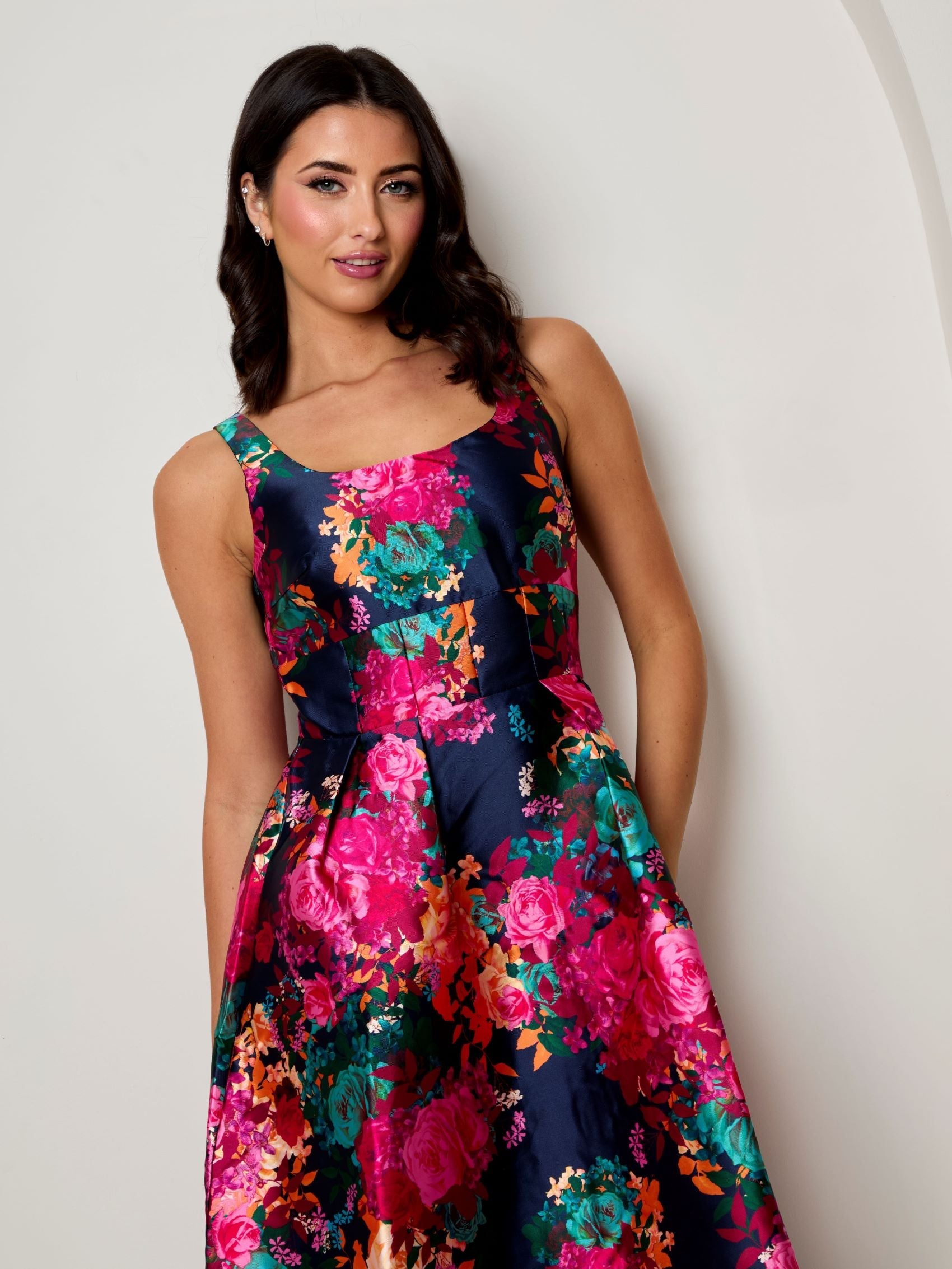 Sleeveless Floral Fit and Flare Midi Dress in Navy