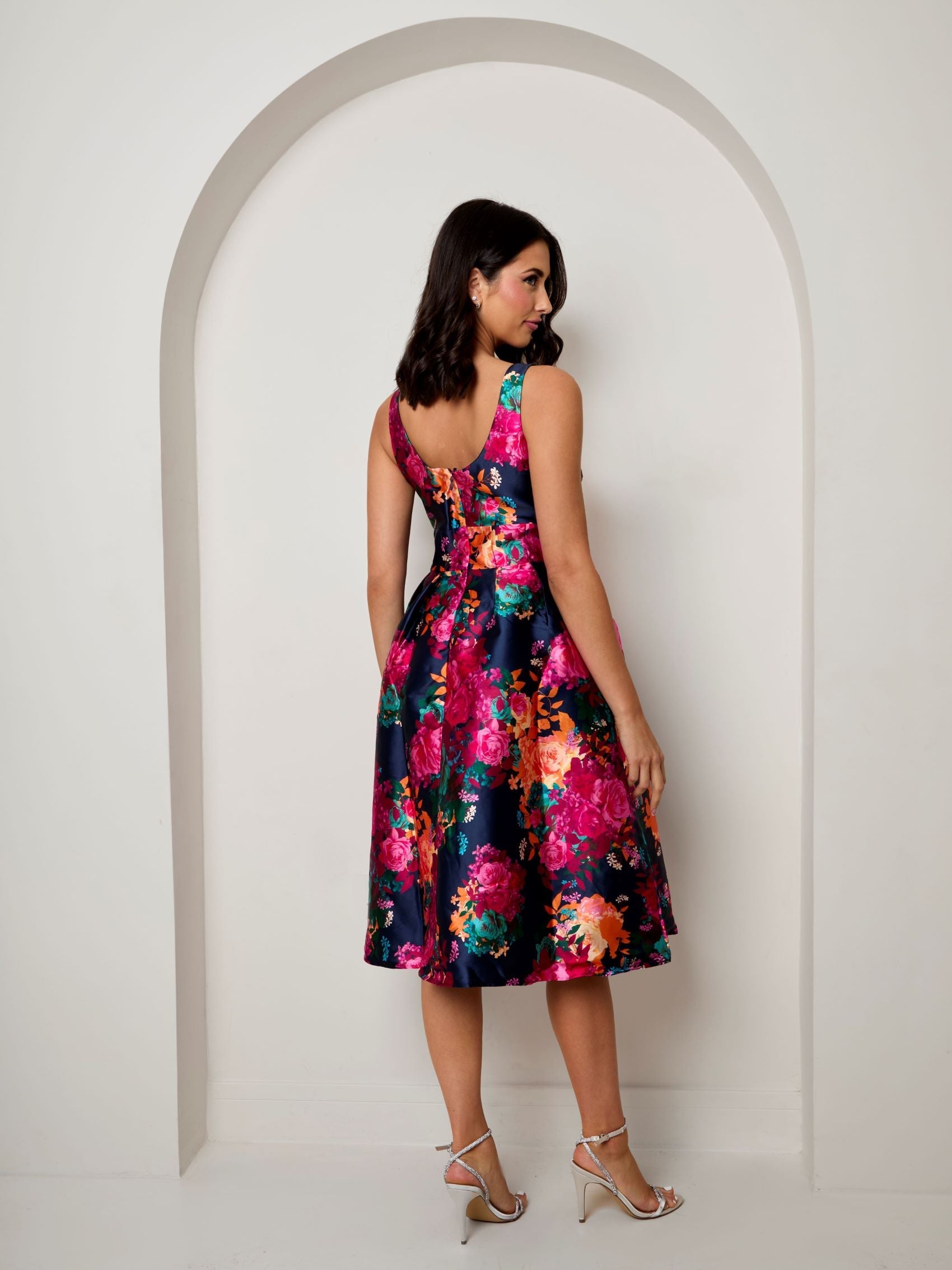 Sleeveless Floral Fit and Flare Midi Dress in Navy