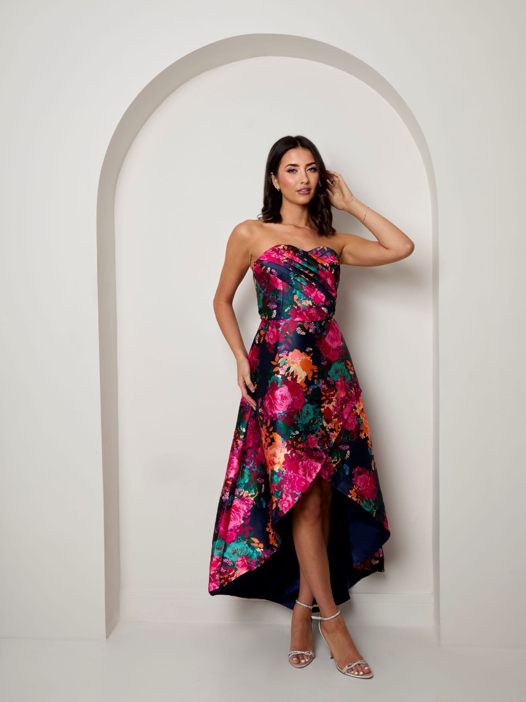 Bandeau Sweetheart Floral Wrap Detail Dip Hem Dress in Navy