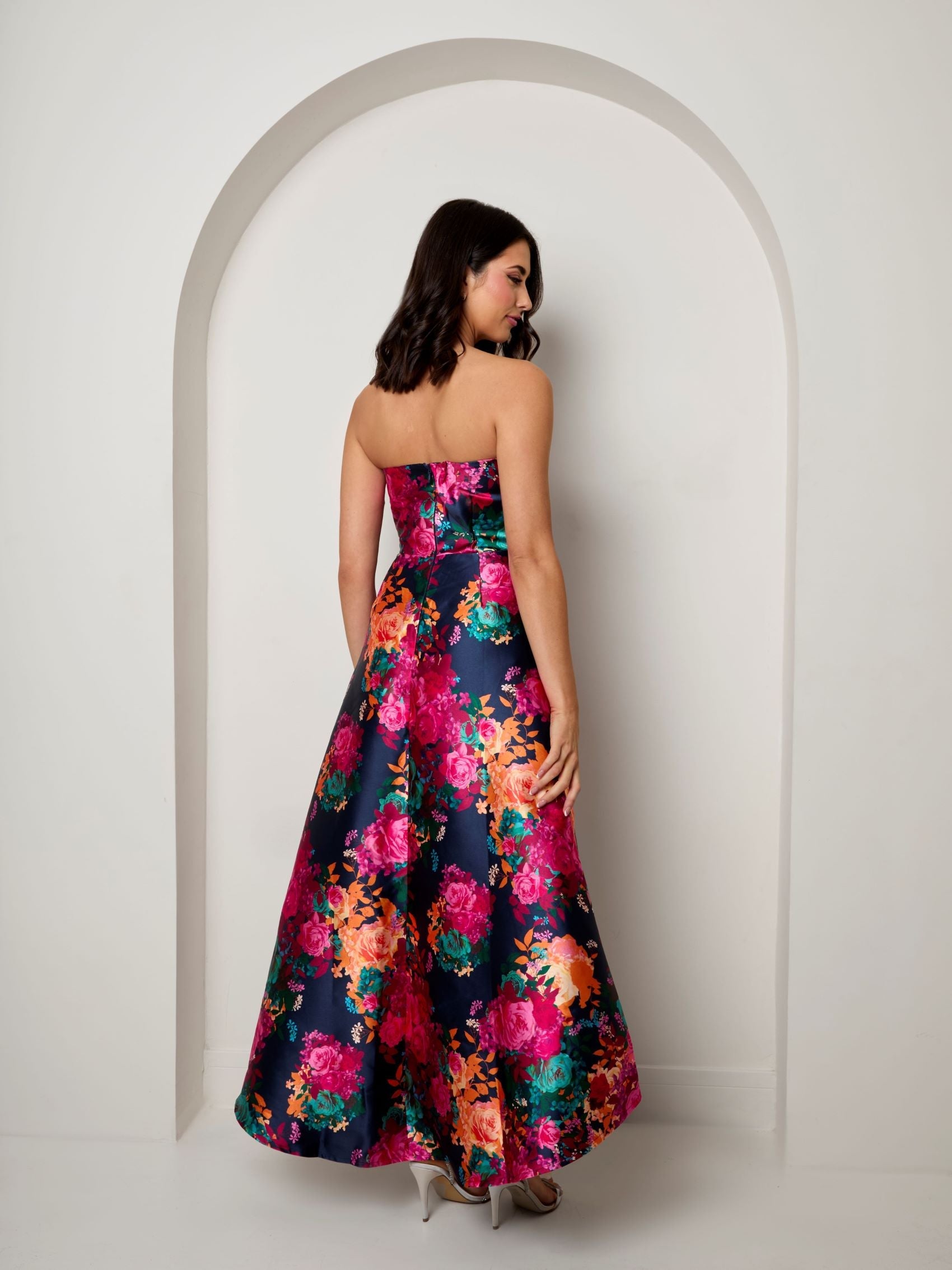 Bandeau Sweetheart Floral Wrap Detail Dip Hem Dress in Navy