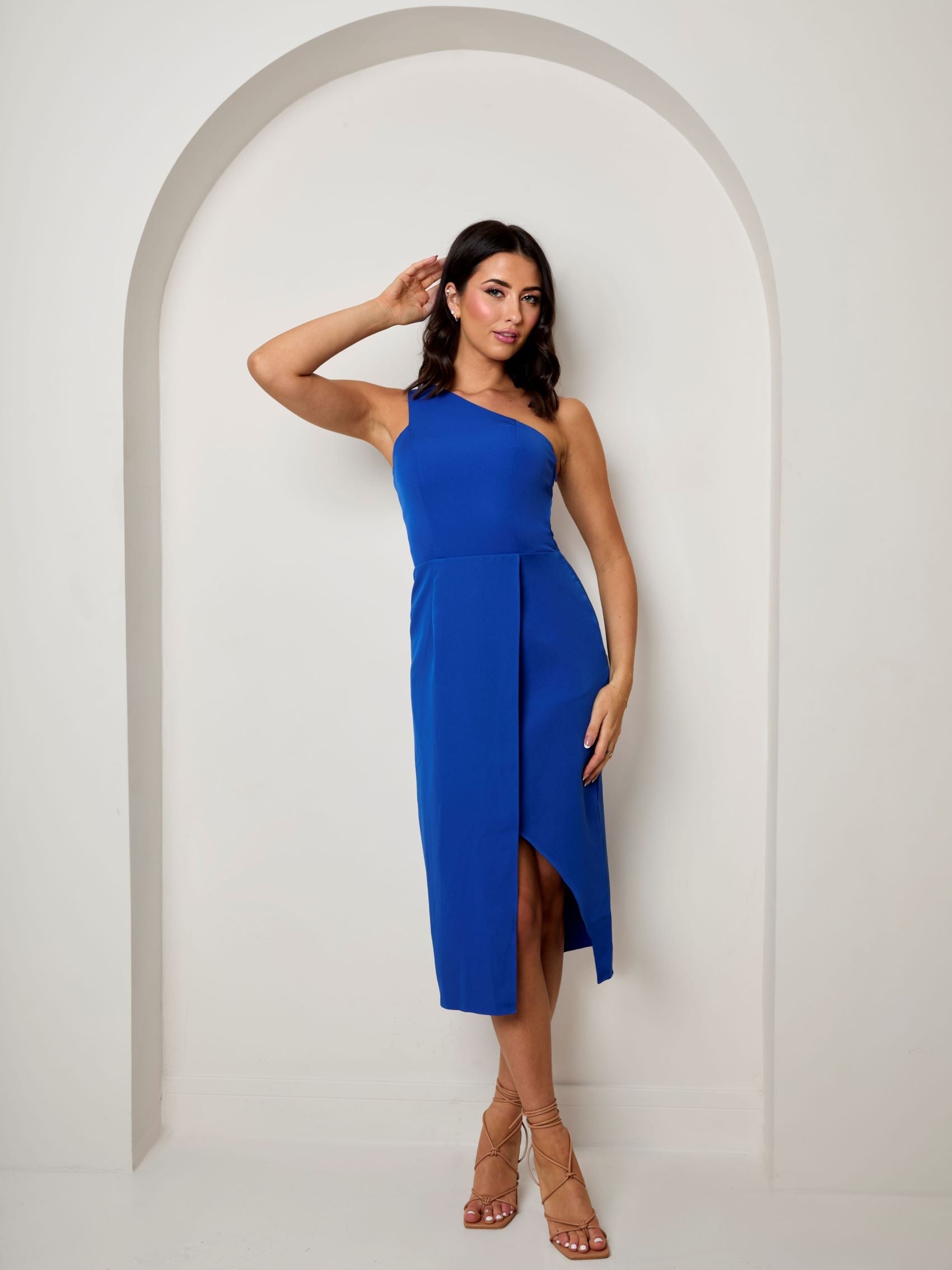 One Shoulder Split Detail Midi Dress in Blue