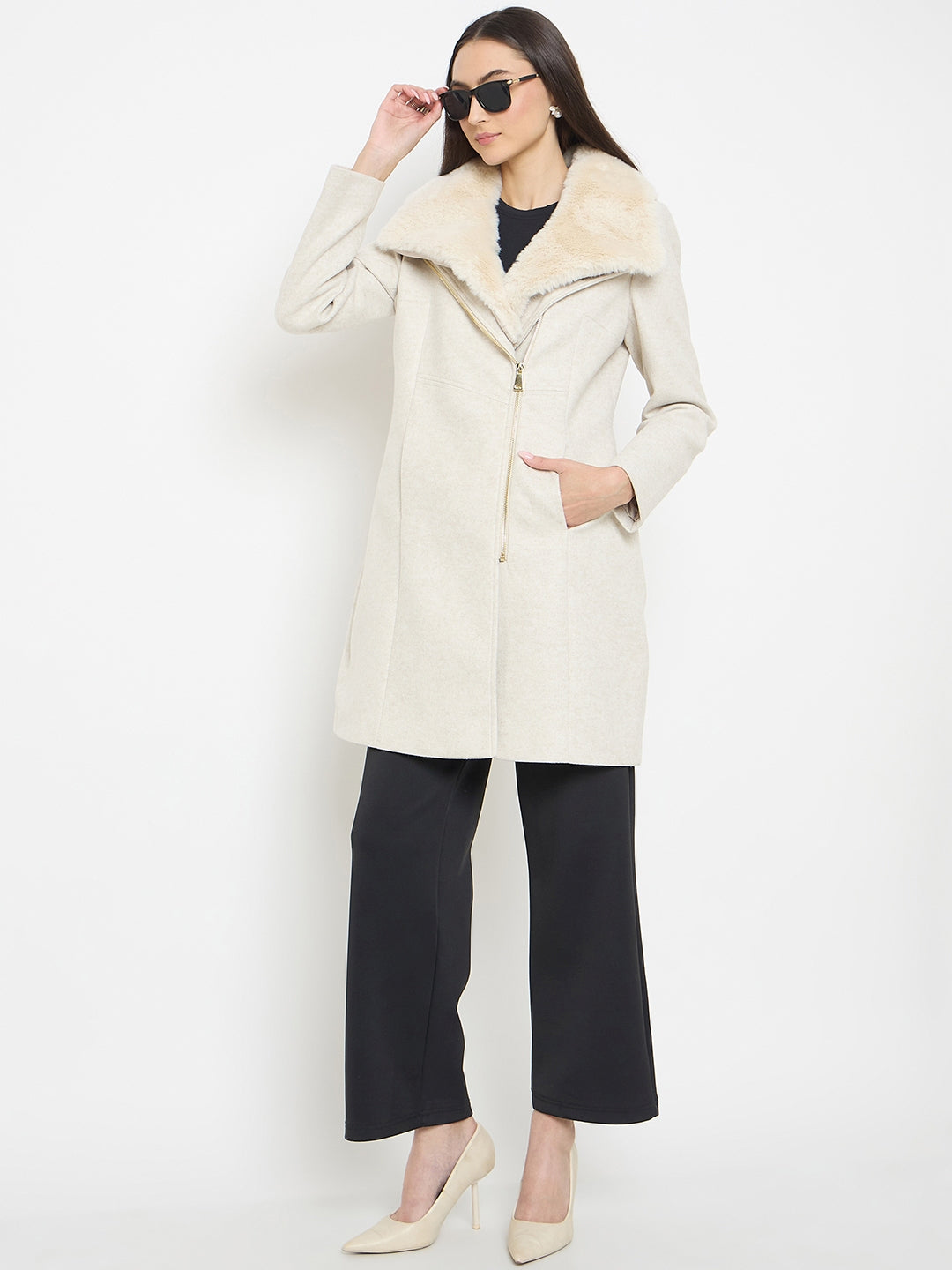 Madame Faux Fur Neckline Off White Long Coat