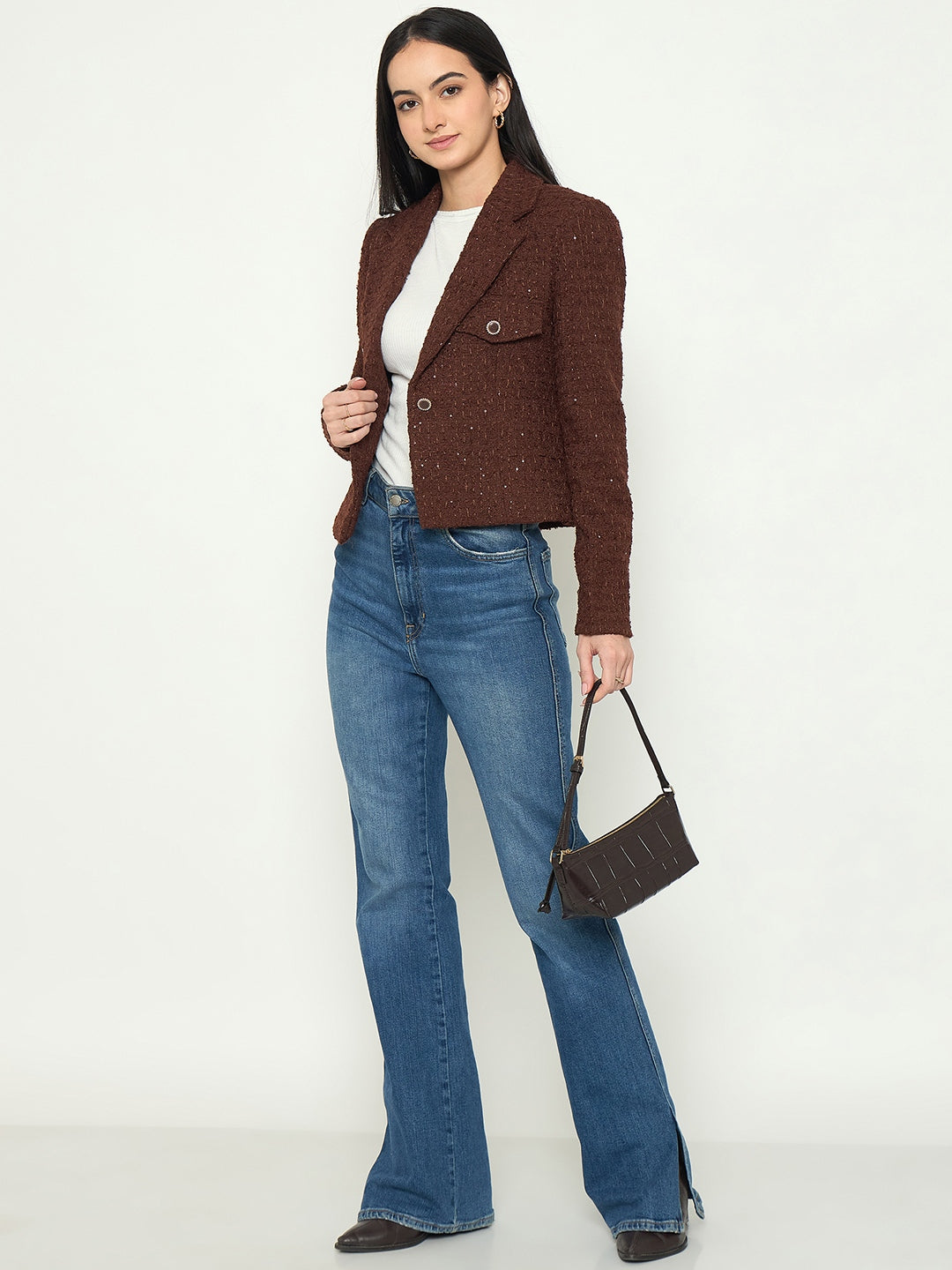 Madame Front Flap Pockets Textured Brown Blazer