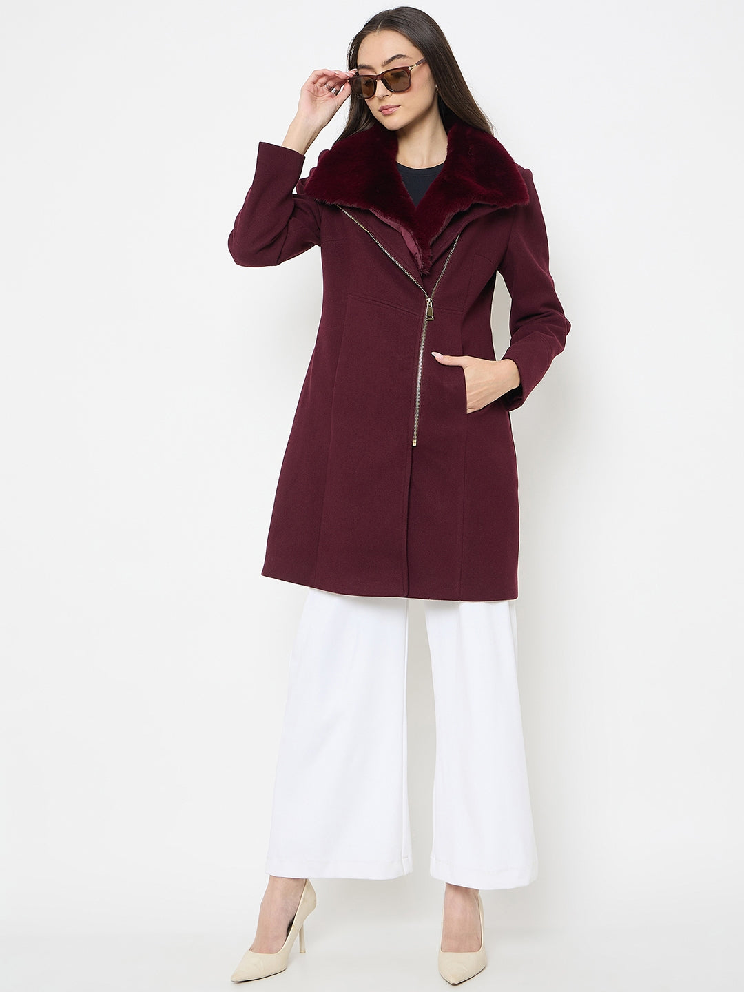 Madame Faux Fur Neckline Maroon Long Coat