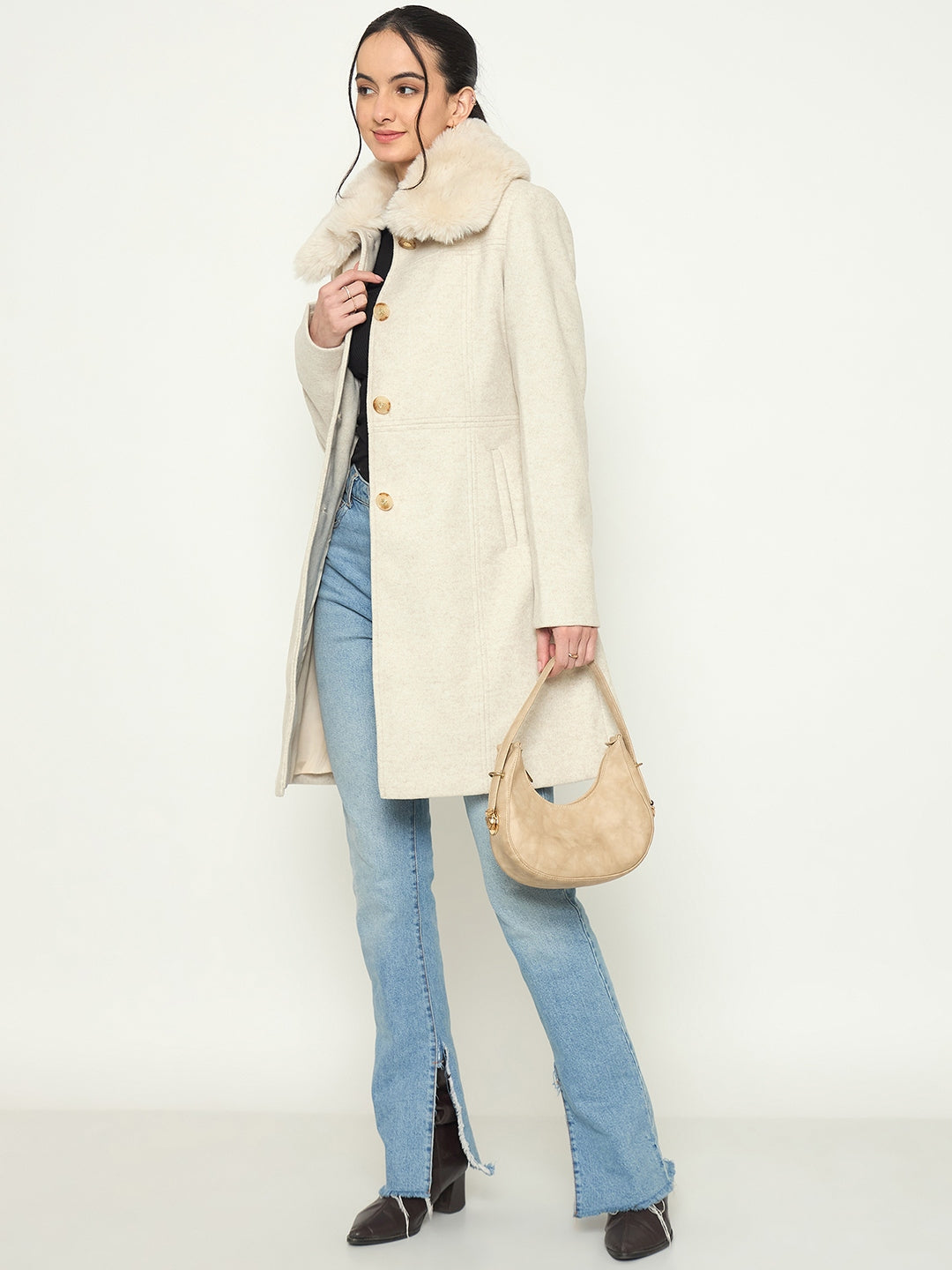 Madame Shirt Collar Beige Long Coat