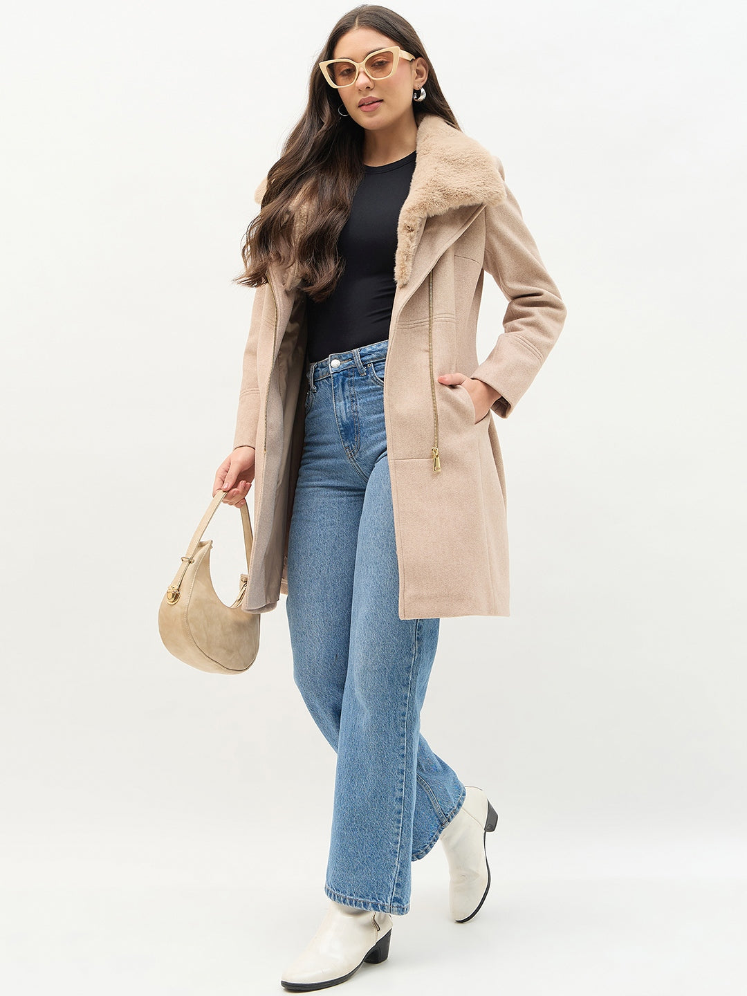 Madame Faux Fur Neckline Beige Long Coat