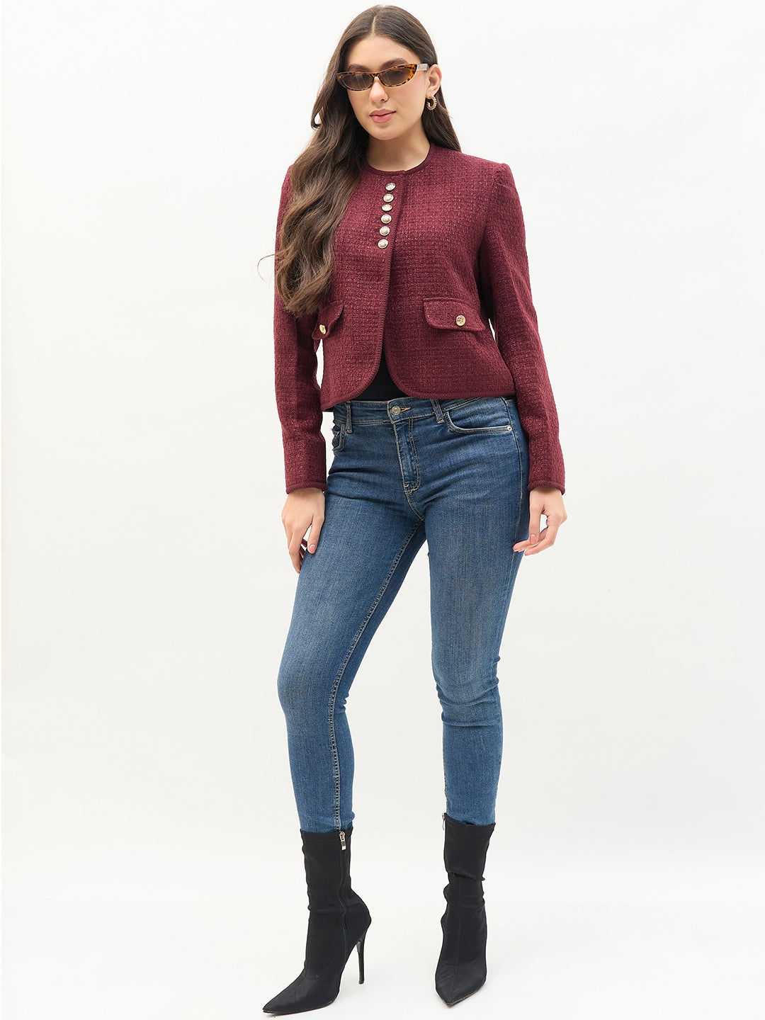 Madame Round Neck Embellished Maroon Blazer
