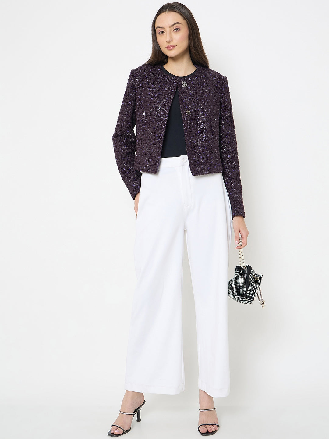 Madame Round Neck Tweed Dark Purple Blazer