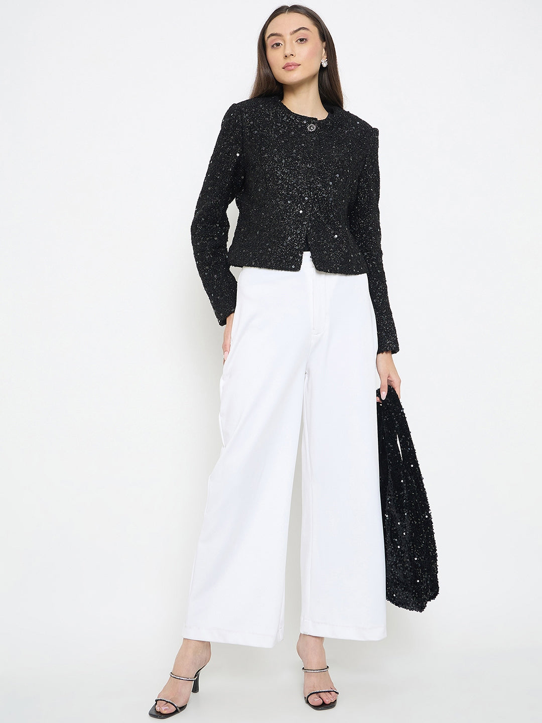 madame Round Neck Tweed Black Blazer