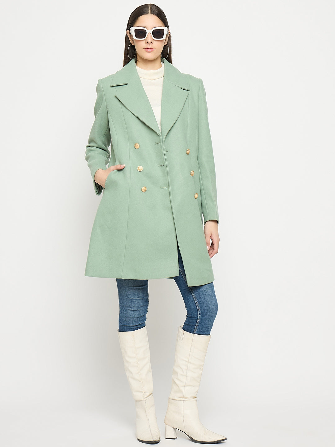 Madame Lapel Notch Collar Green Long Coat