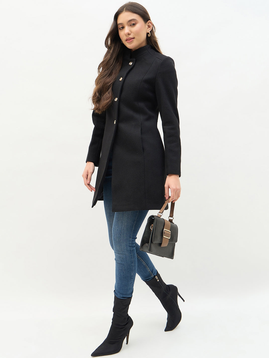 Madame Round Neck Embellished Black Long Coat