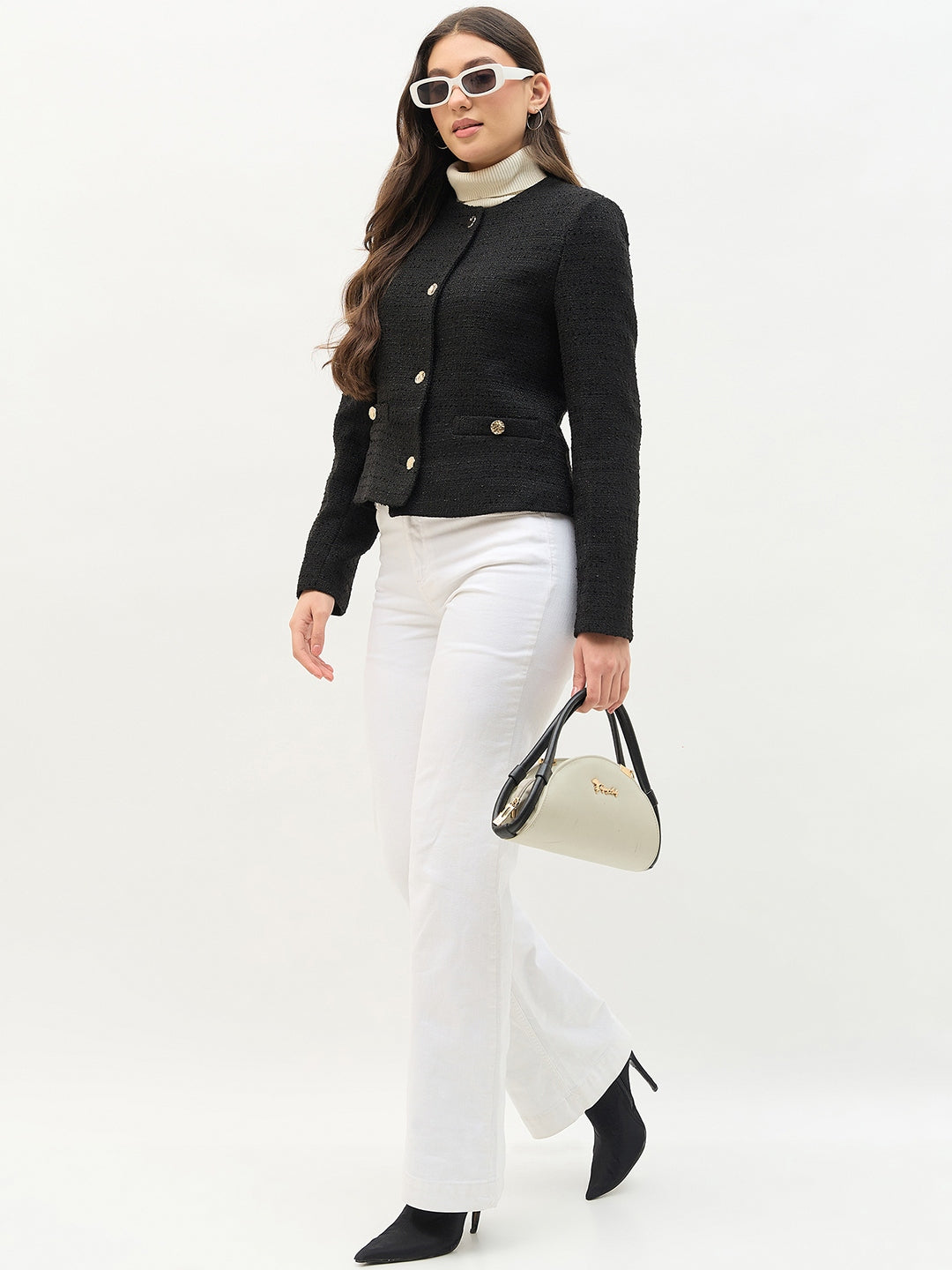 Madame Round Neck Black Textured Short Coat