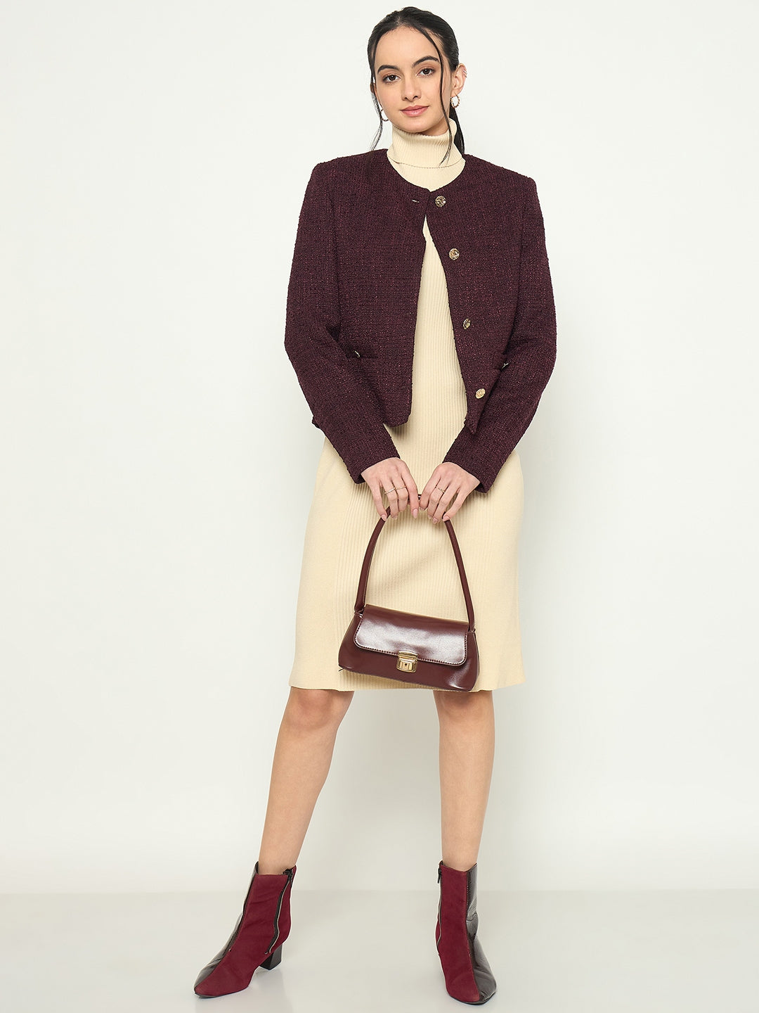 Madame Round Neck Textured Plum Colour Short Coat