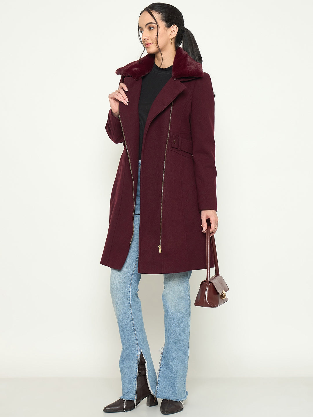 Madame Shirt Collar Maroon Long Coat