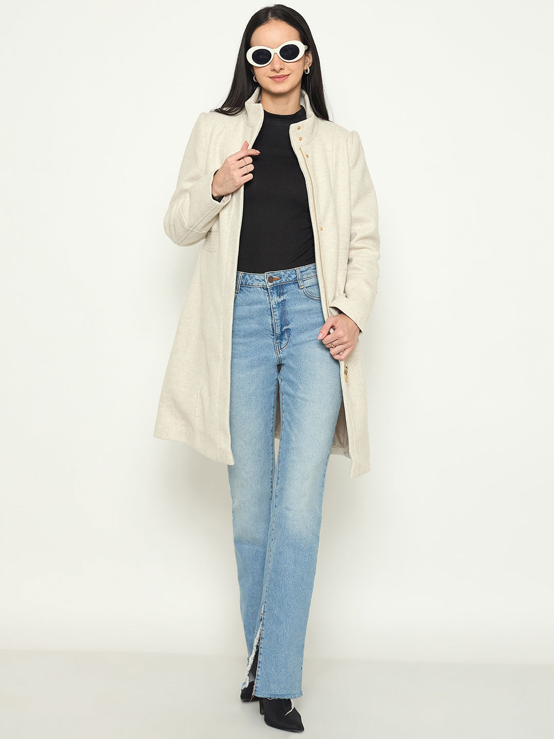 Madame Stand Collar Beige Long Coat