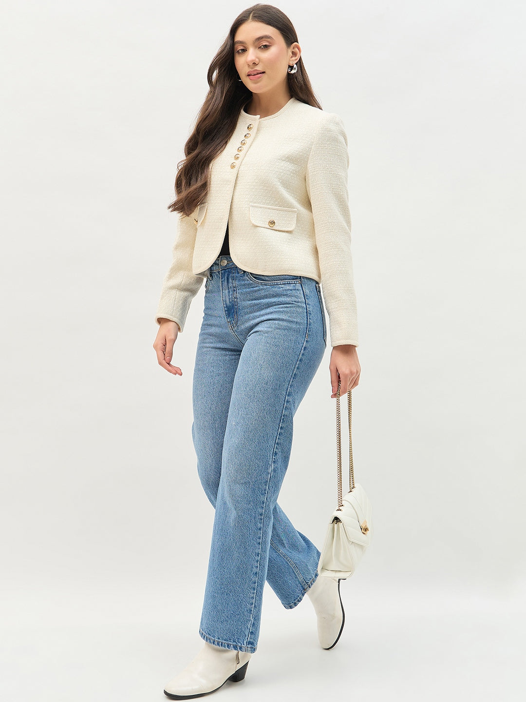 Madame Round Neck Embellished Off White Blazer