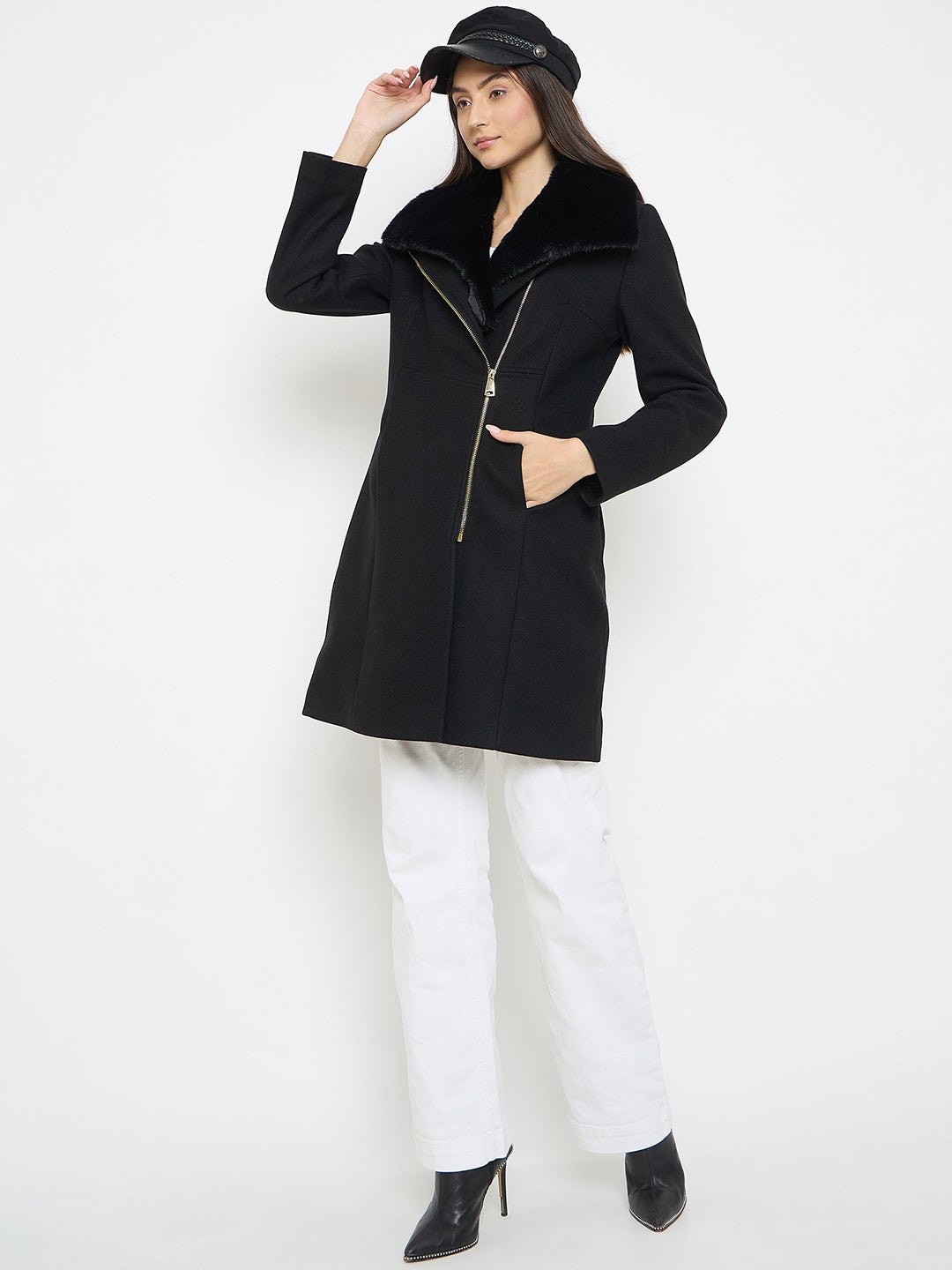 Madame Faux Fur Collar Black Long Coat