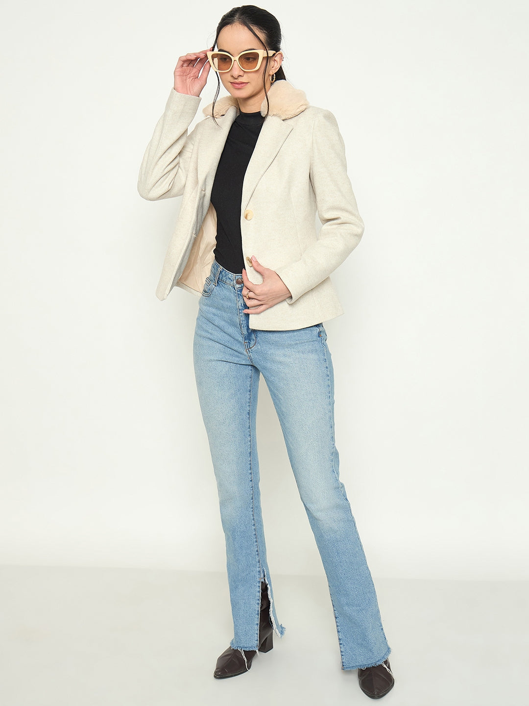 Madame Faux Fur Lapel Notch Collar Beige Blazer