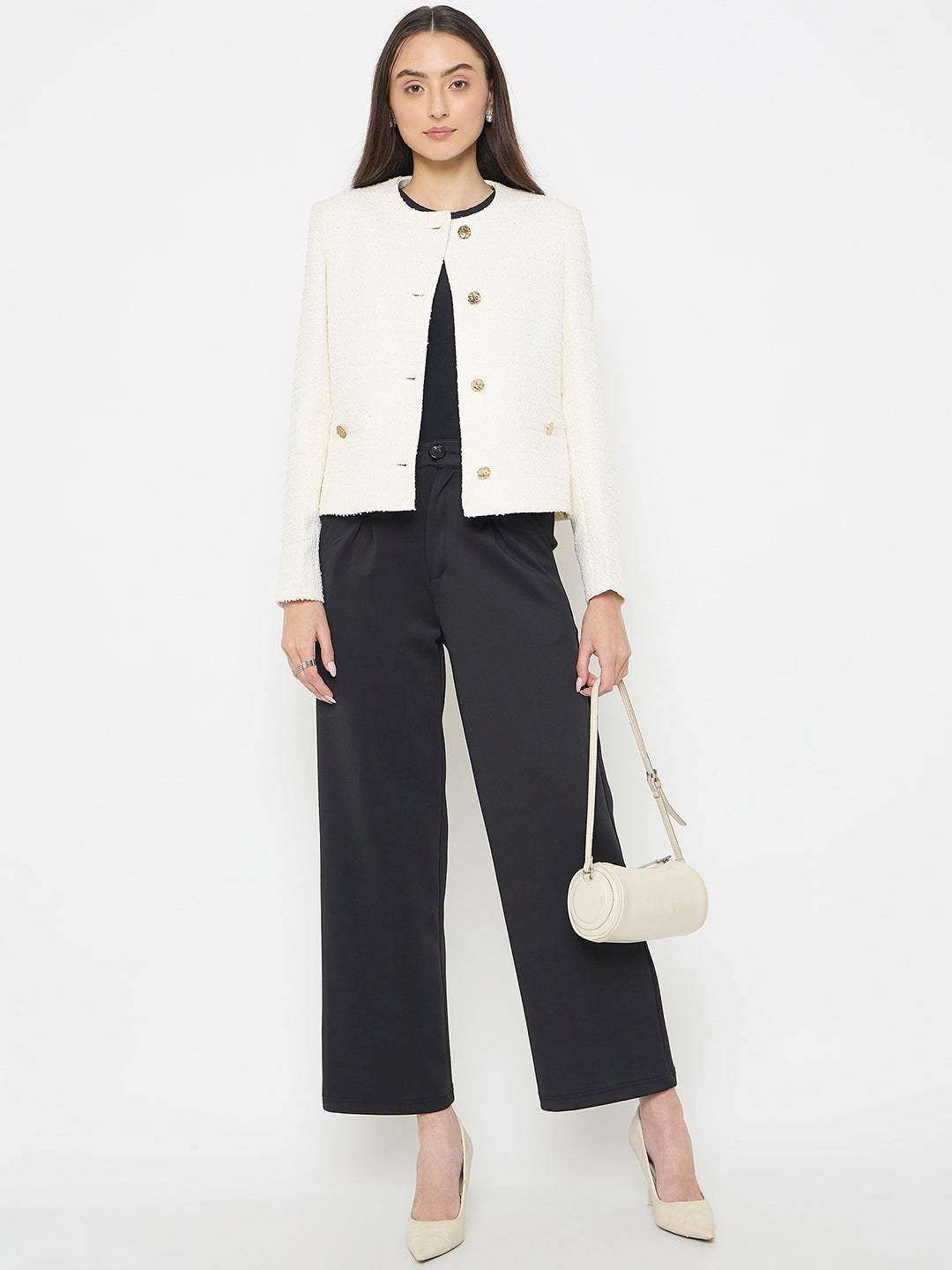 Madame Round Neck Off White Tweed Coat
