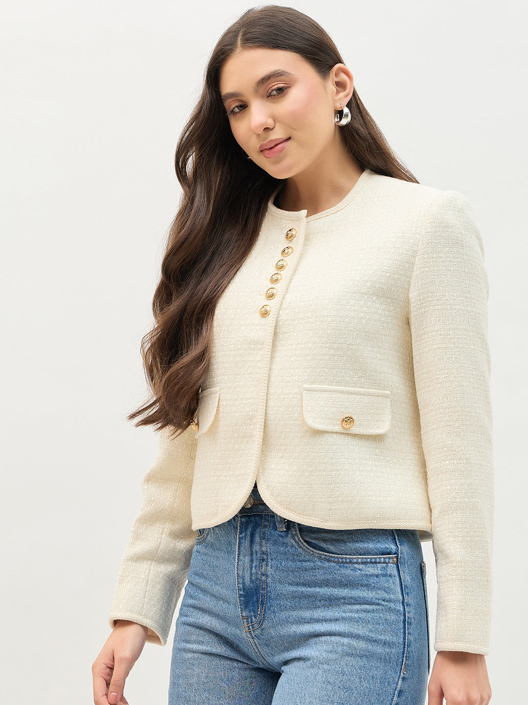 Madame Round Neck Embellished Off White Blazer