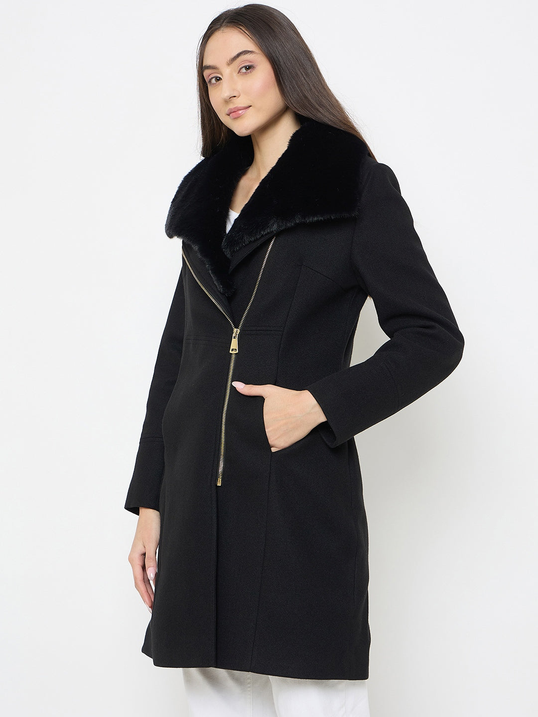 Madame Faux Fur Collar Black Long Coat